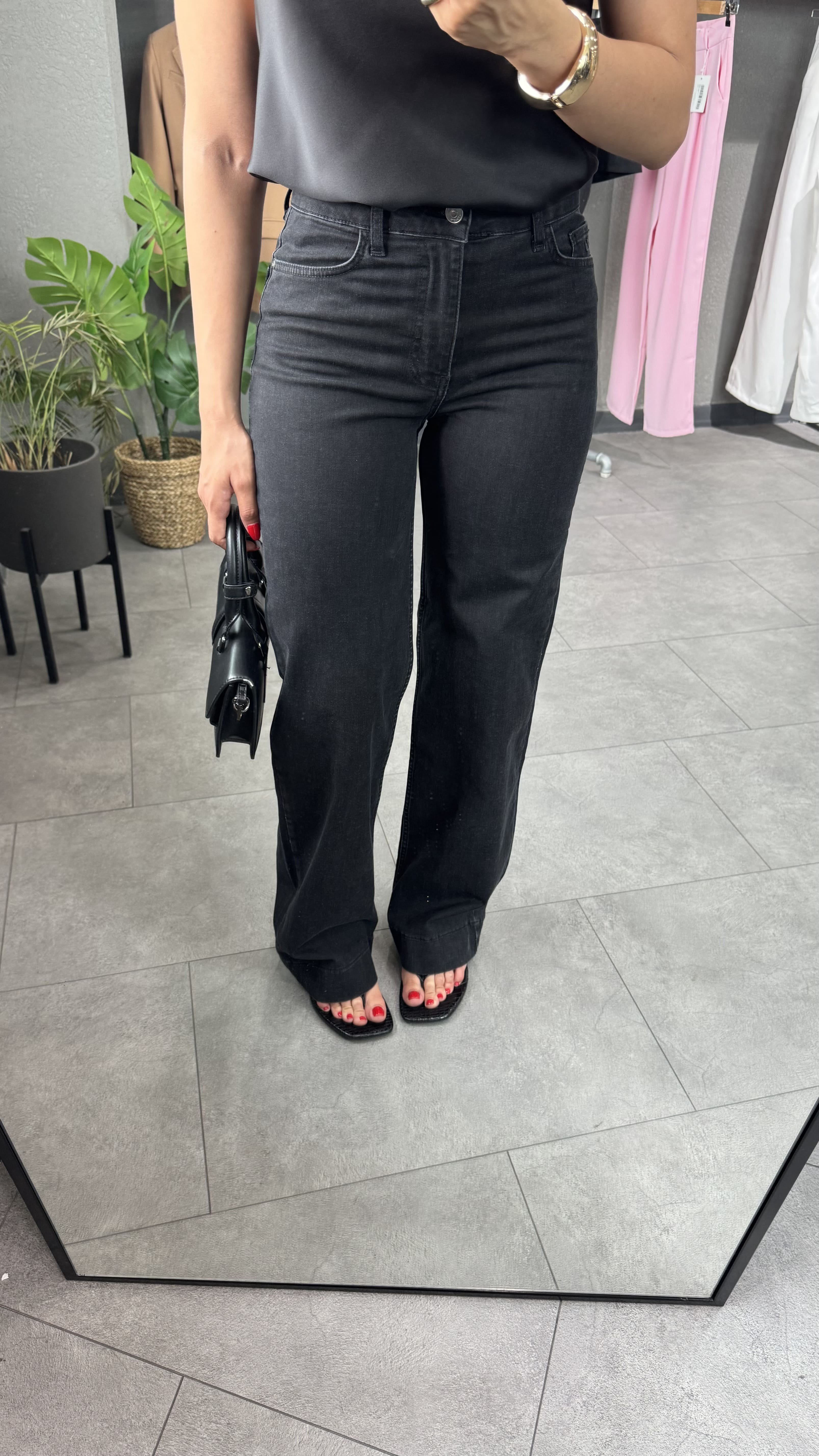Yüksek Bel Paça Detaylı Wide Leg Jean