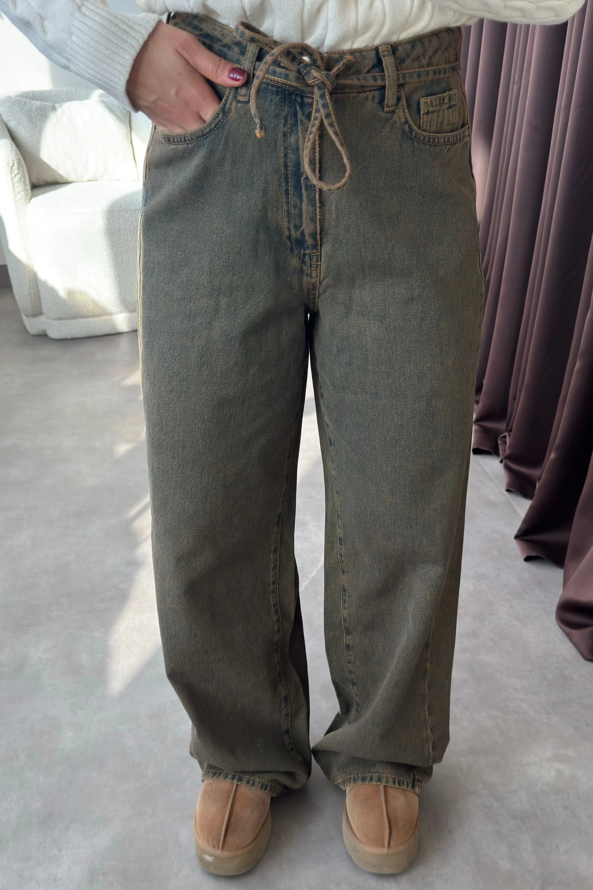 Yüksek Bel Beli Kordonlu Yeşil Wide Leg Kadın Jean