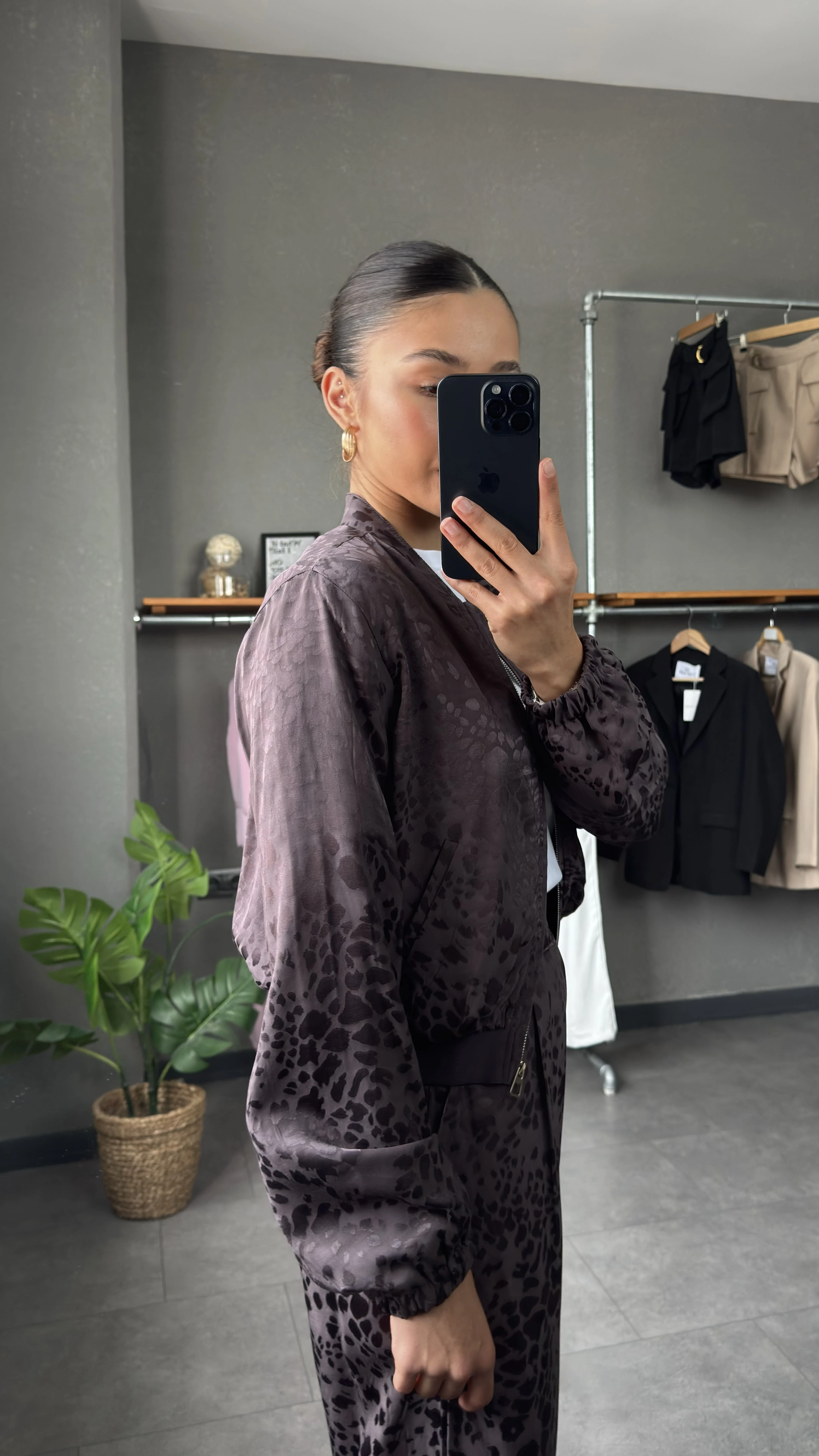 Leopar Desenli Saten Bomber Ceket Pantolon Takım