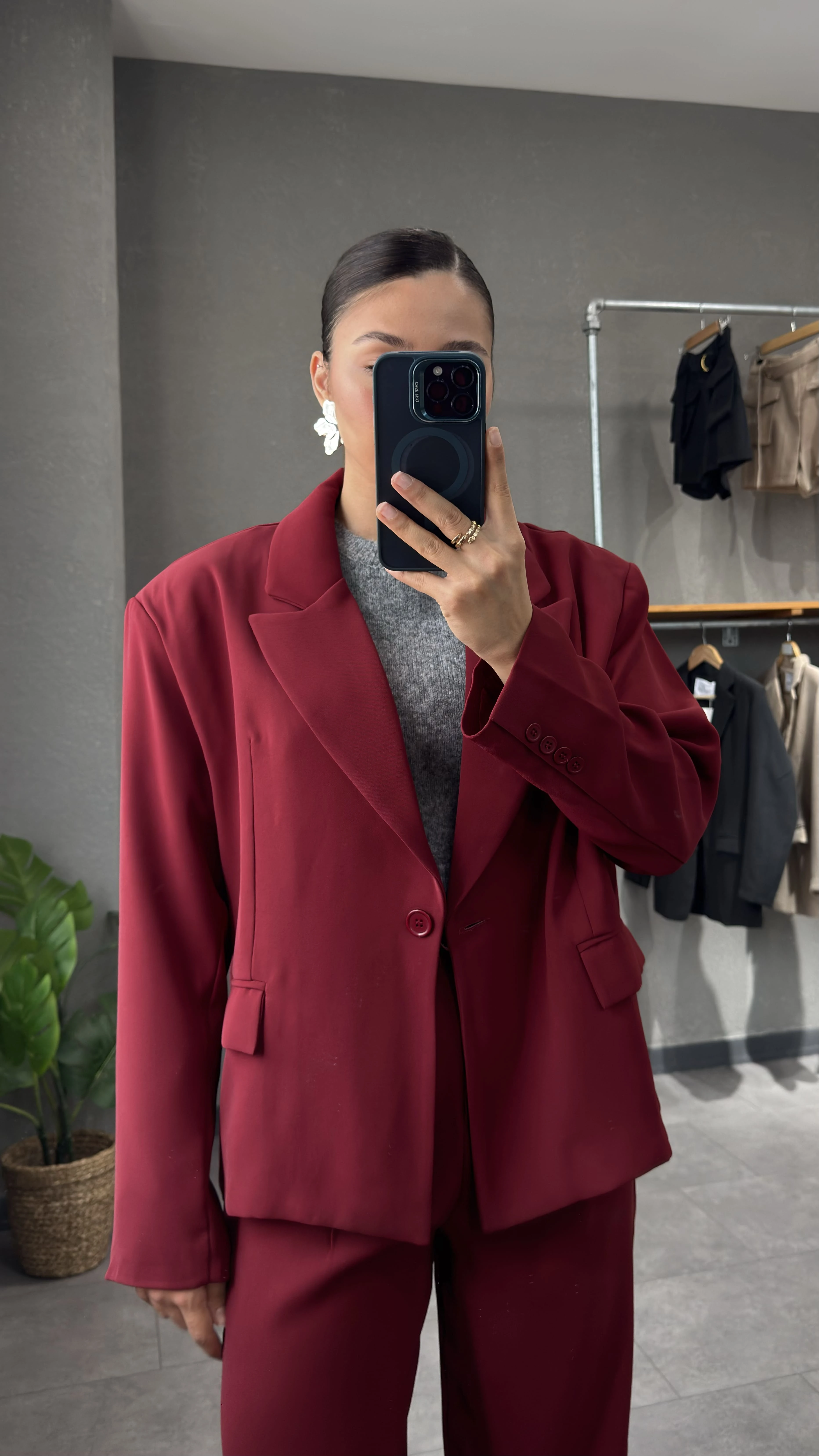 Oversize Vatkalı Bordo Kadın Blazer Ceket