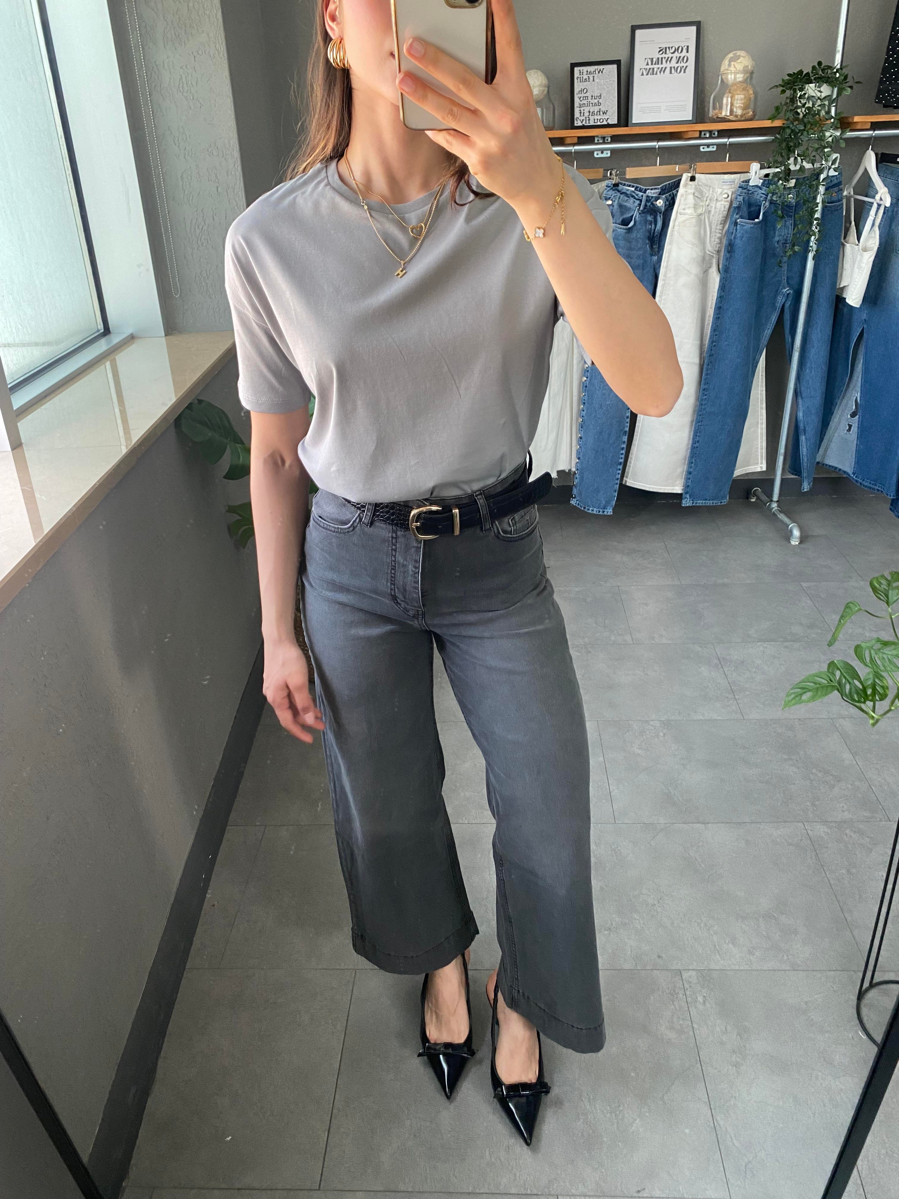 Oversize Bisiklet Yaka Gri Kadın T-shirt