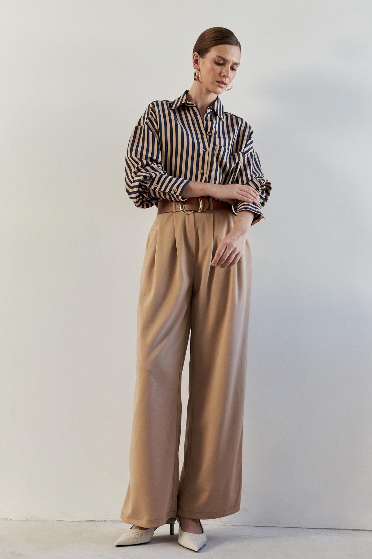 Oversize Lacivert Camel Çizgili Kadın Gömlek