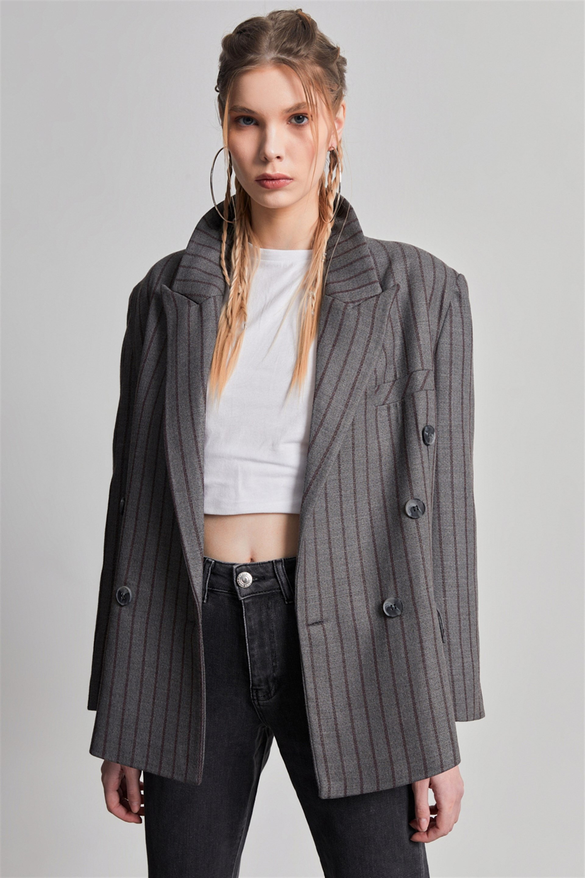Bordo Çizgili Maskülen Oversize Kaşe Blazer Ceket