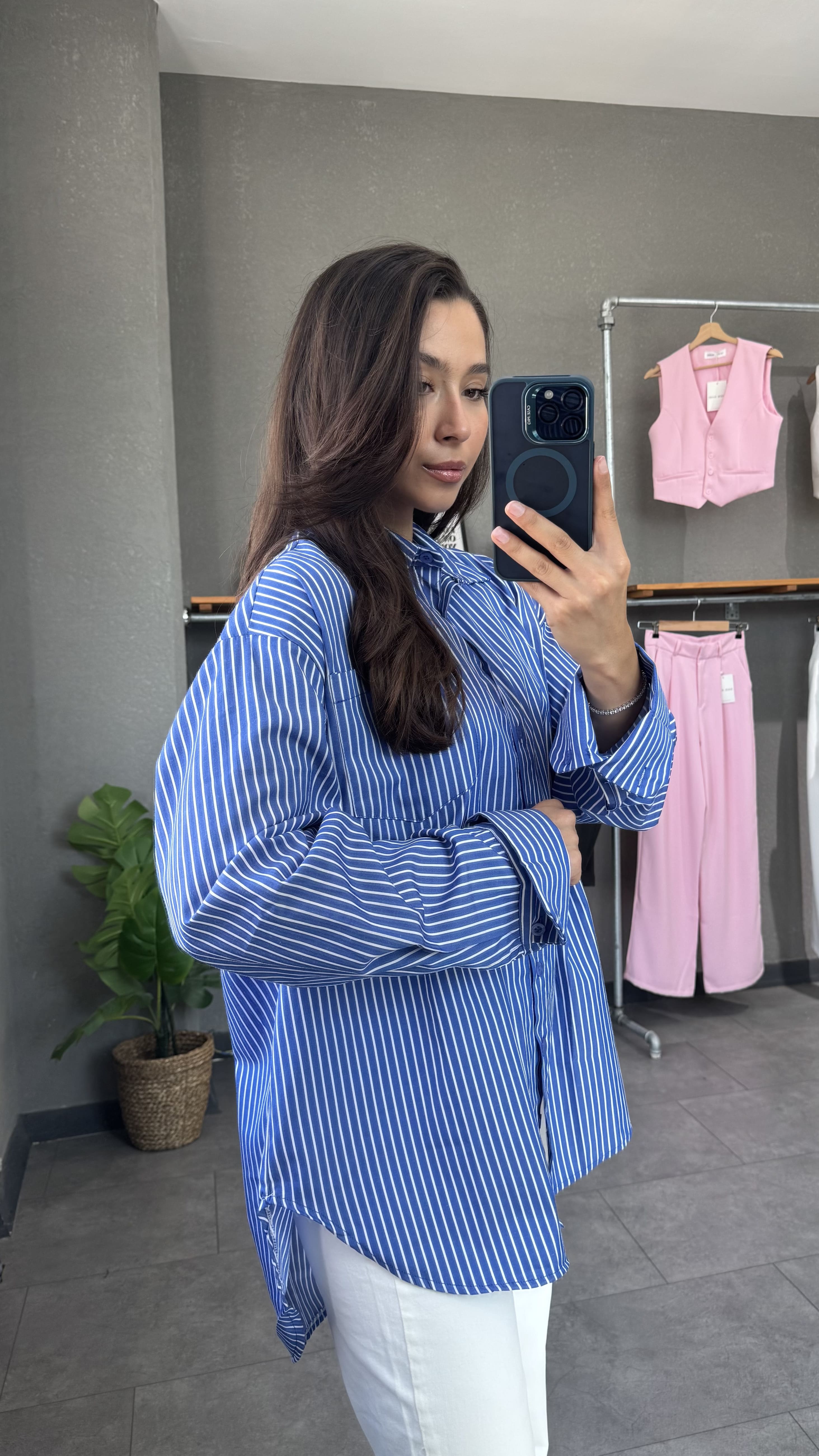 Poplin Oversize Çizgili Koyu Mavi Kadın Gömlek