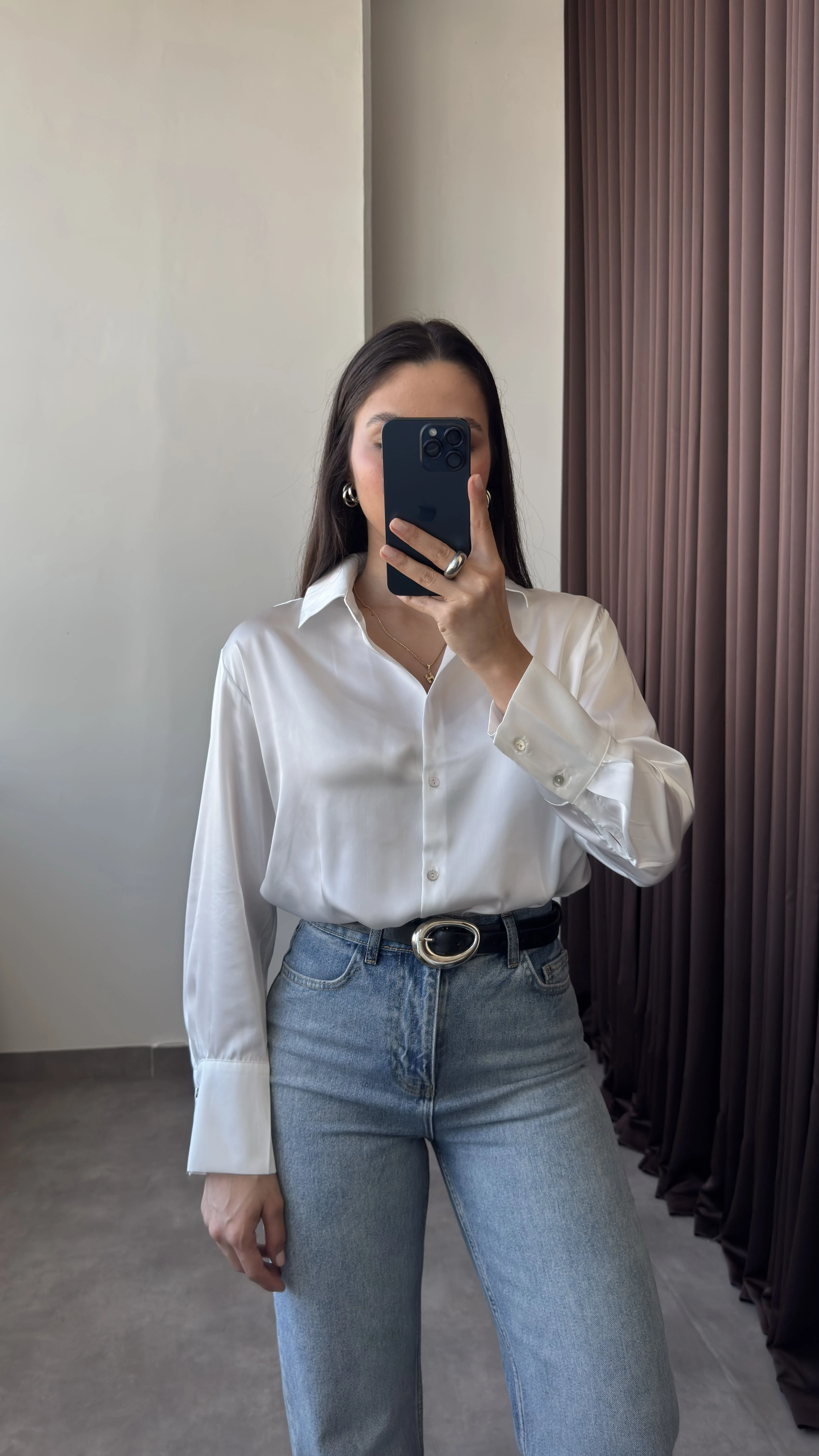 Basic Ekru Kadın Saten Gömlek