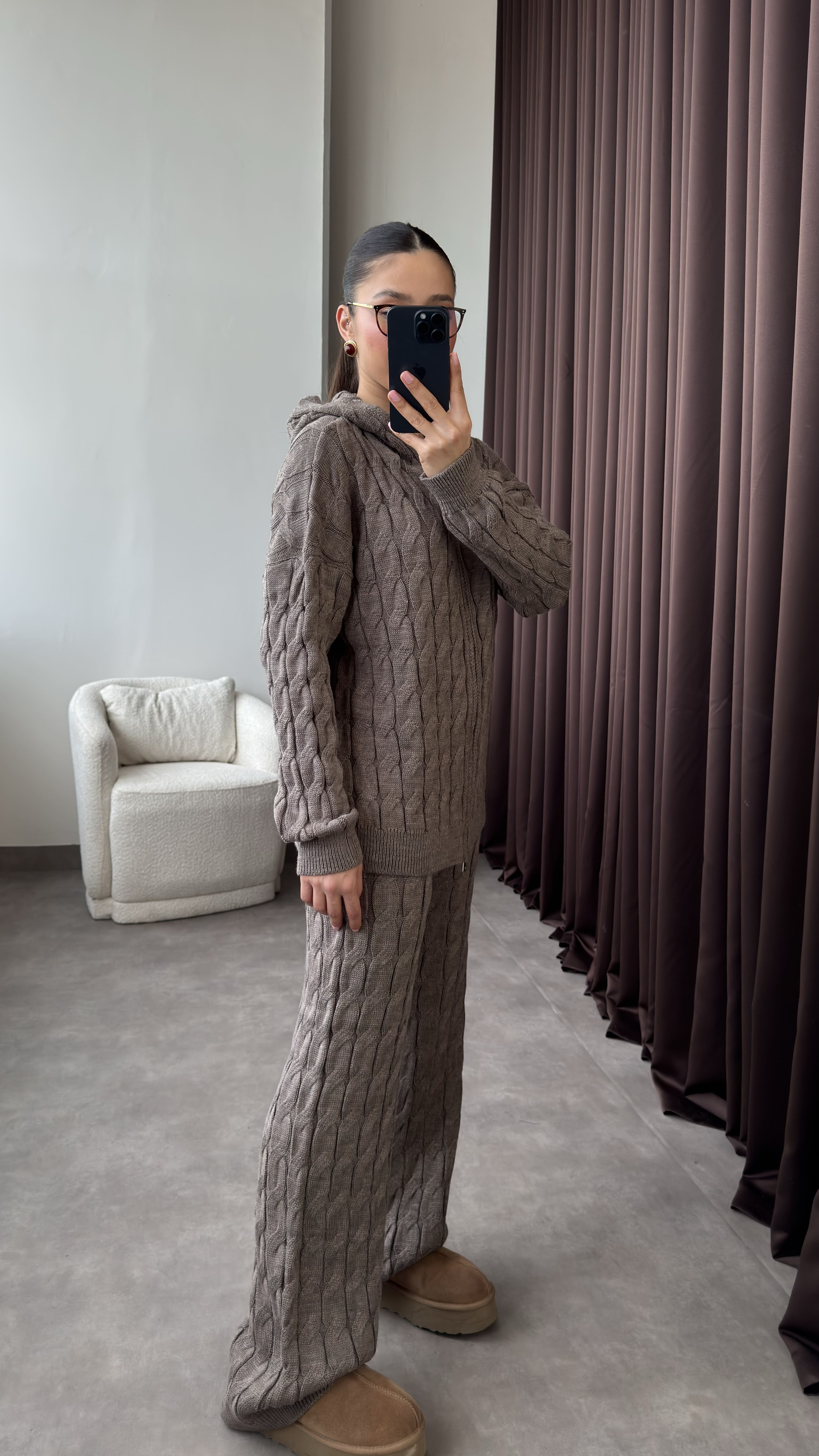 Çift Fermuarlı Kapüşonlu Saç Örgü Triko Takım