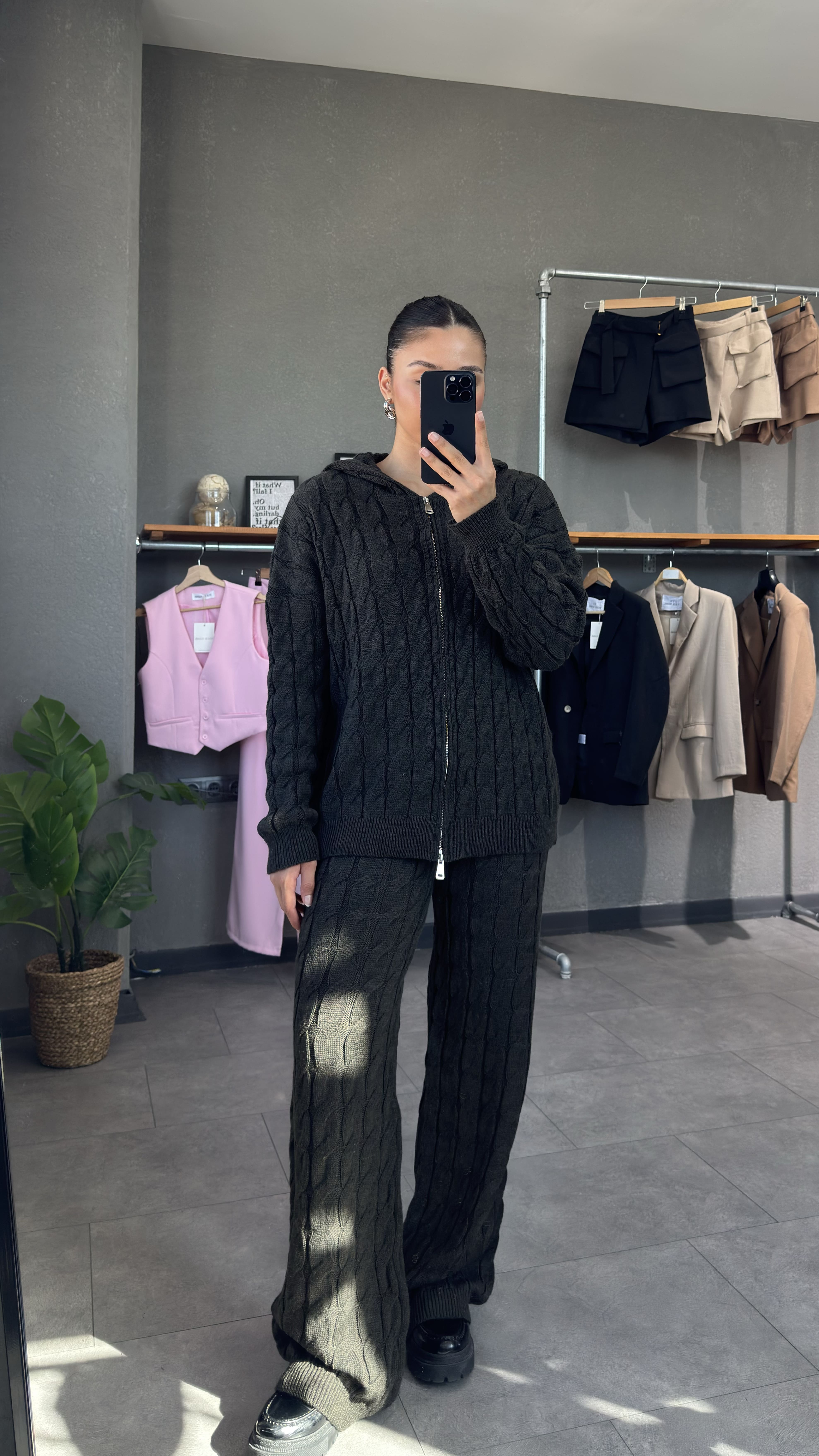 Çift Fermuarlı Kapüşonlu Saç Örgü Triko Takım - Haki