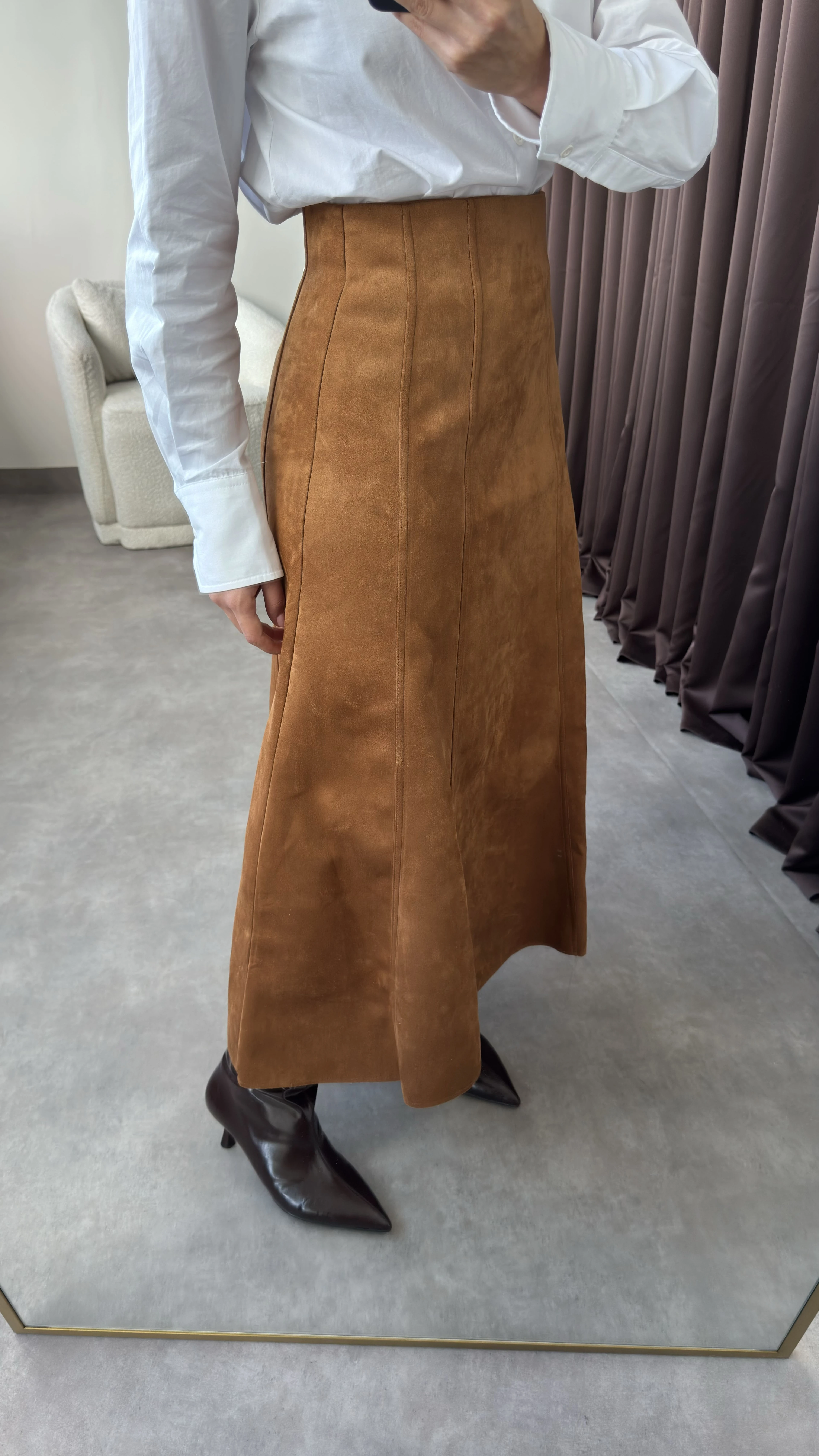 Kadın Taba Uzun Kloş Süet Etek