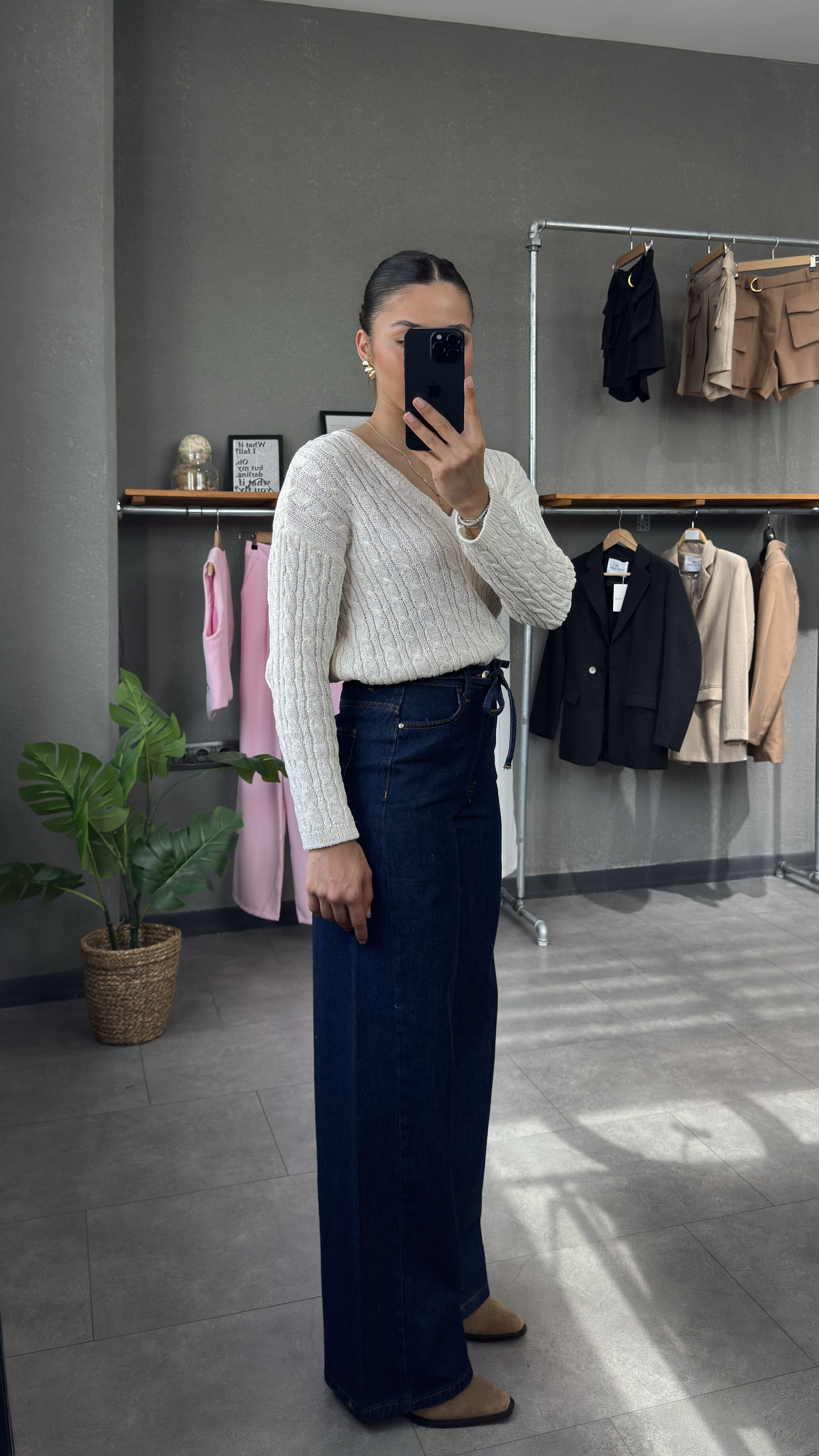Yüksek Bel Beli Kordonlu Lacivert Wide Leg Kadın Jean