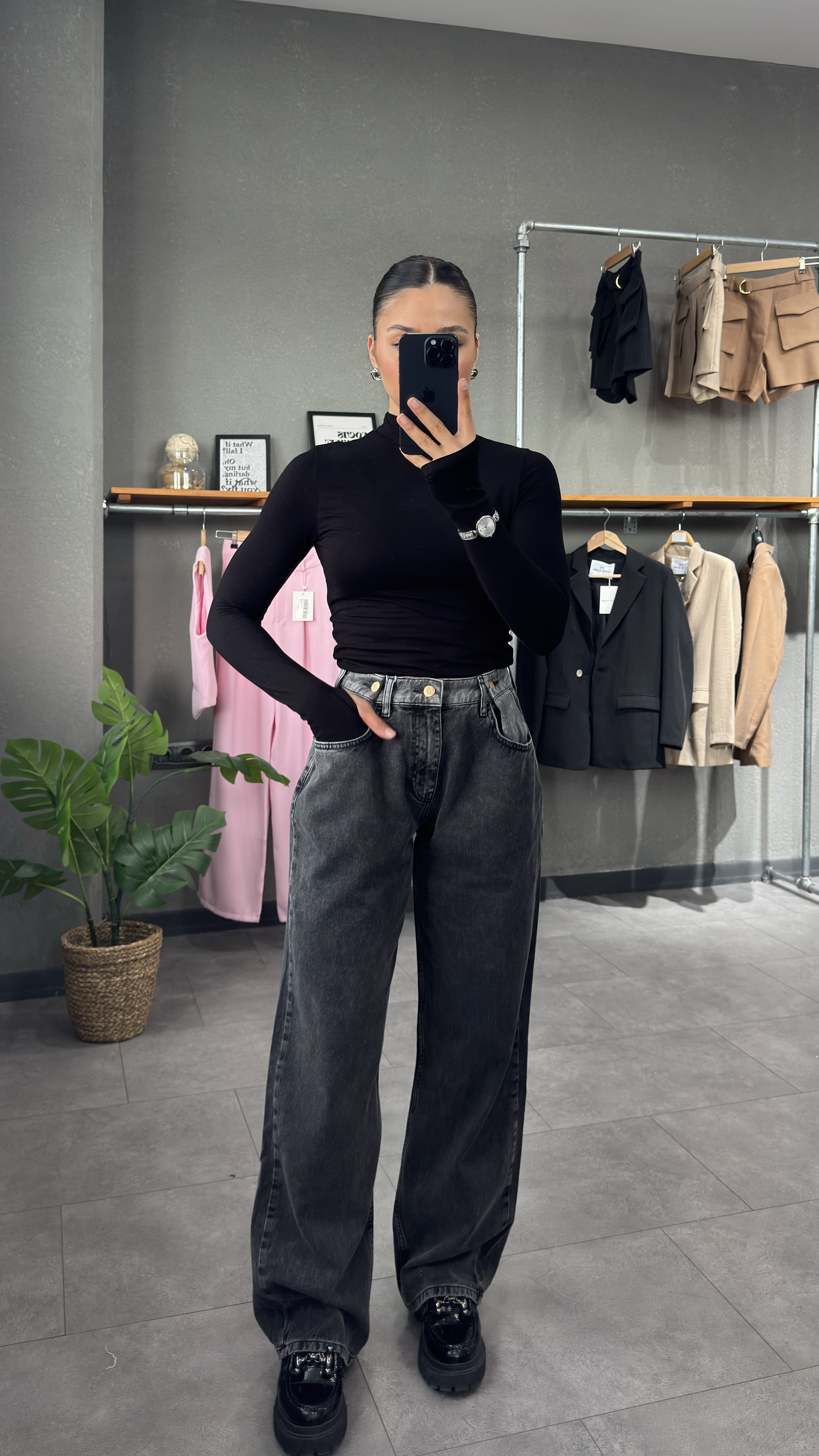 Beli Düğmeli Franky Kadın Füme Jean
