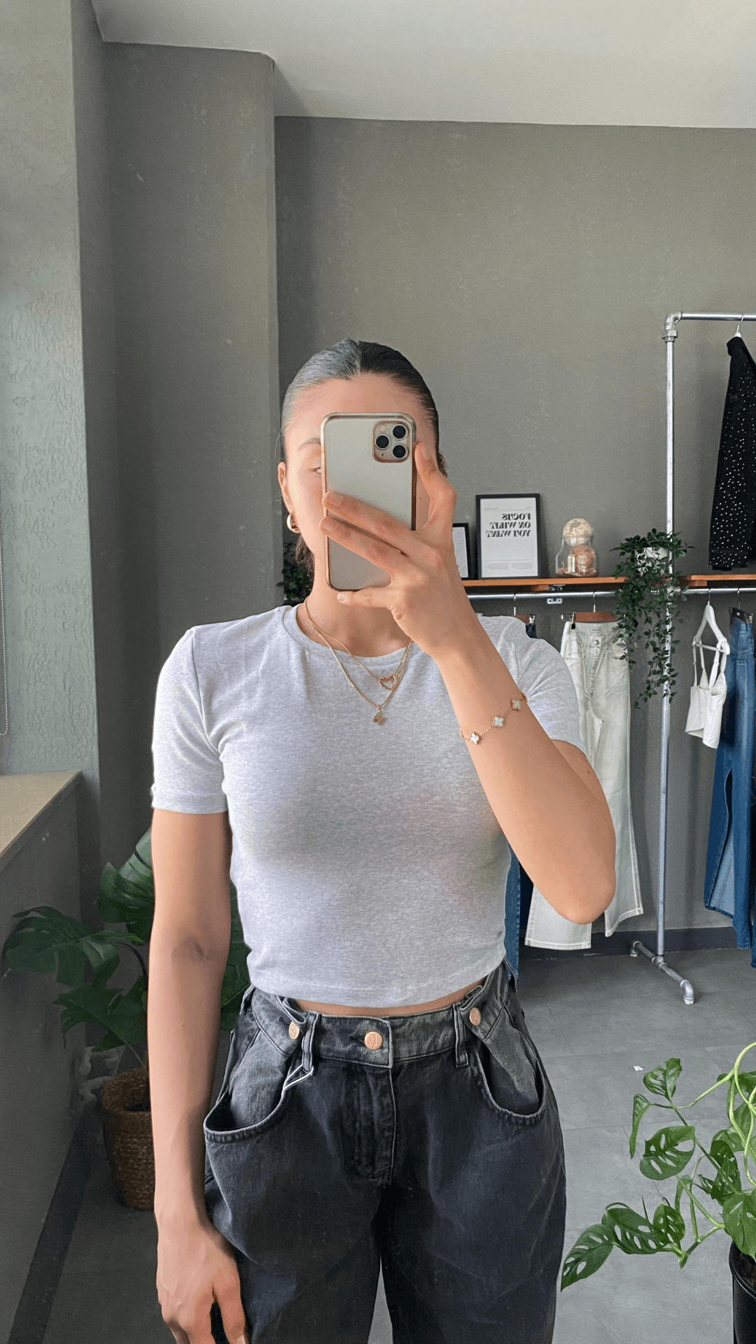 Bisiklet Yaka Gri Kadın Crop T-shirt