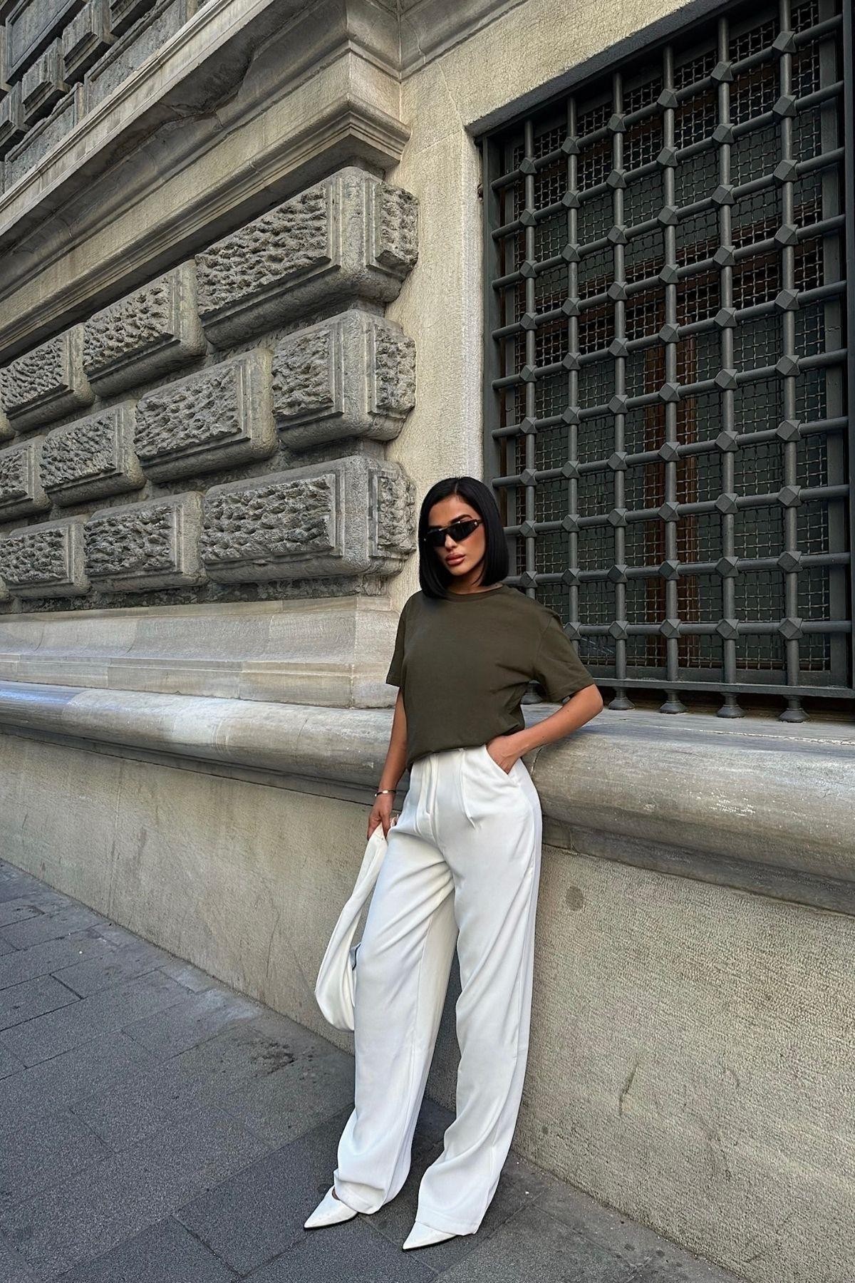 Bisiklet Yaka Oversize Koyu Haki Kadın T-Shirt
