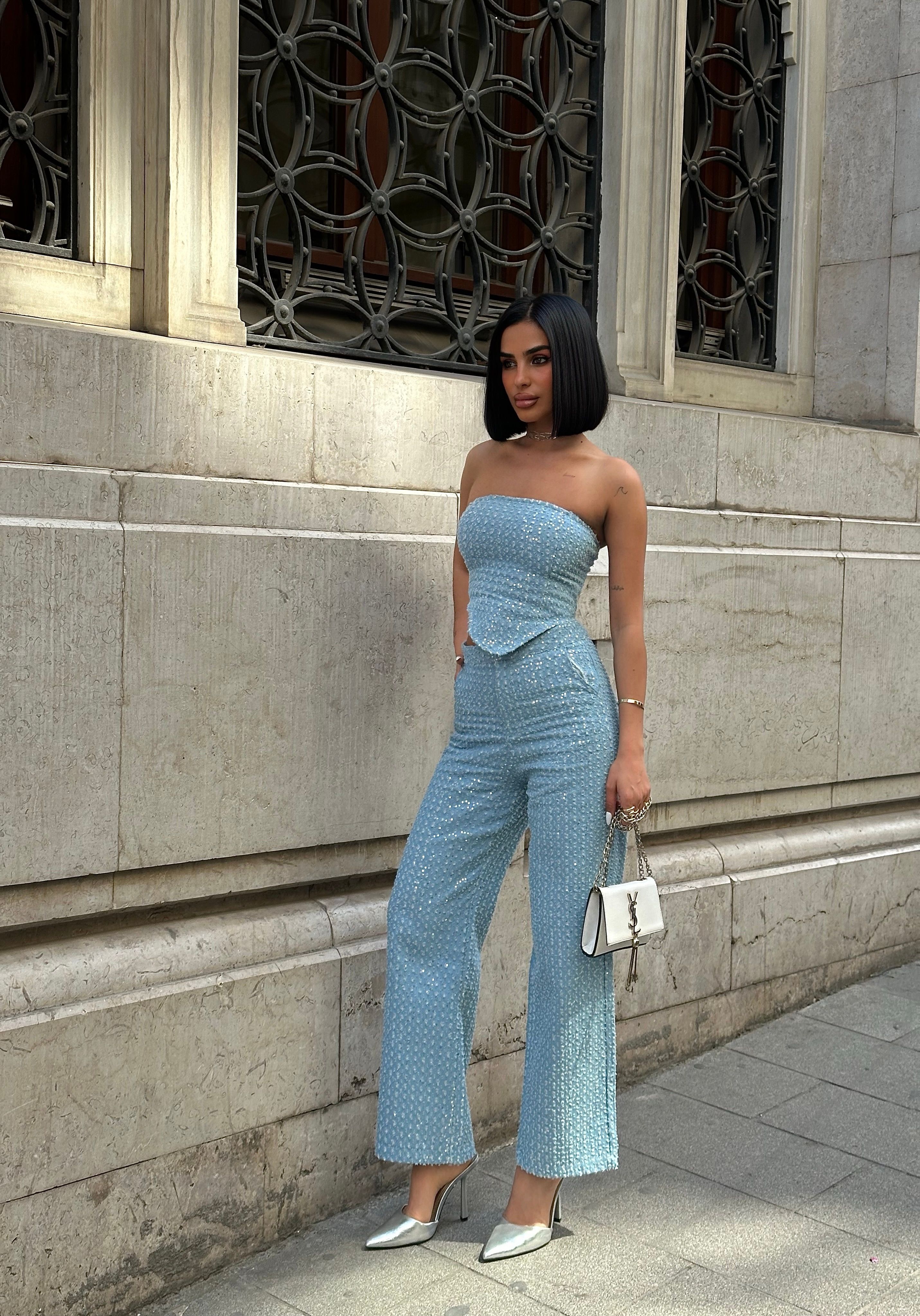 Pullu Mavi Denim Büstiyer & Jean Takım