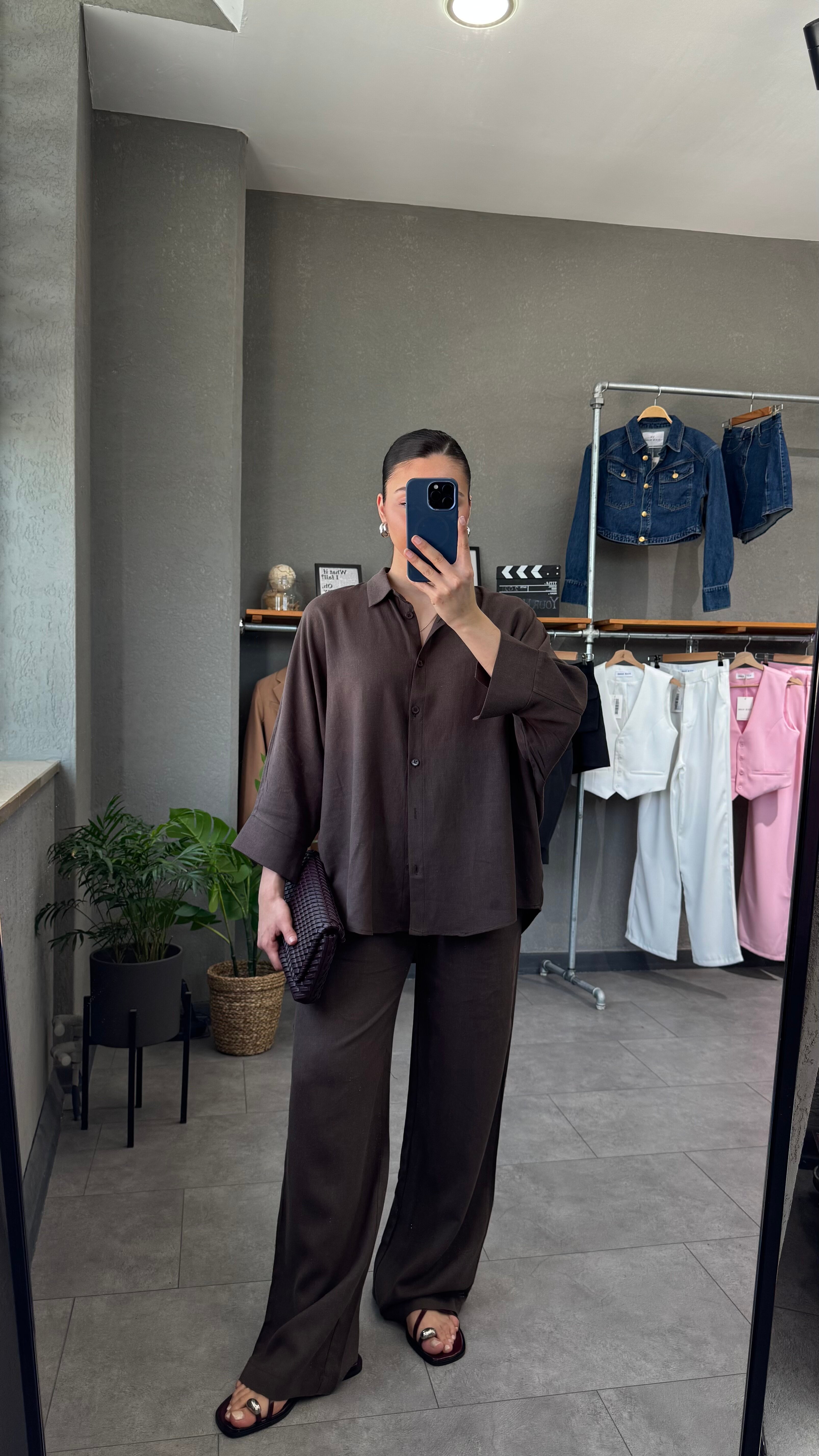 Keten Kumaş Oversize Gömlek Pantolon Takım - Kahve