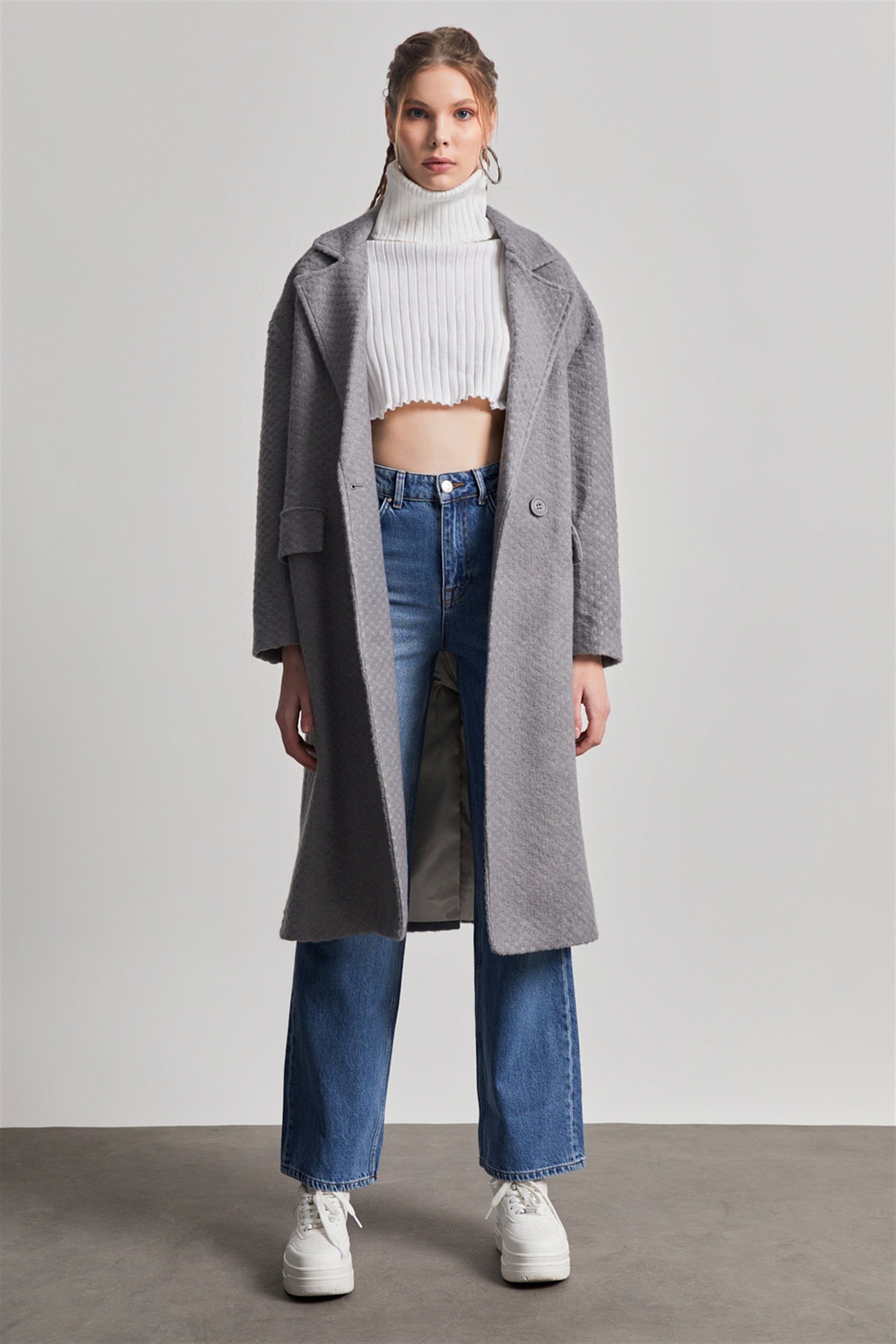 Kadın Kruvaze Yaka Oversize Kaşe Kaban Gri