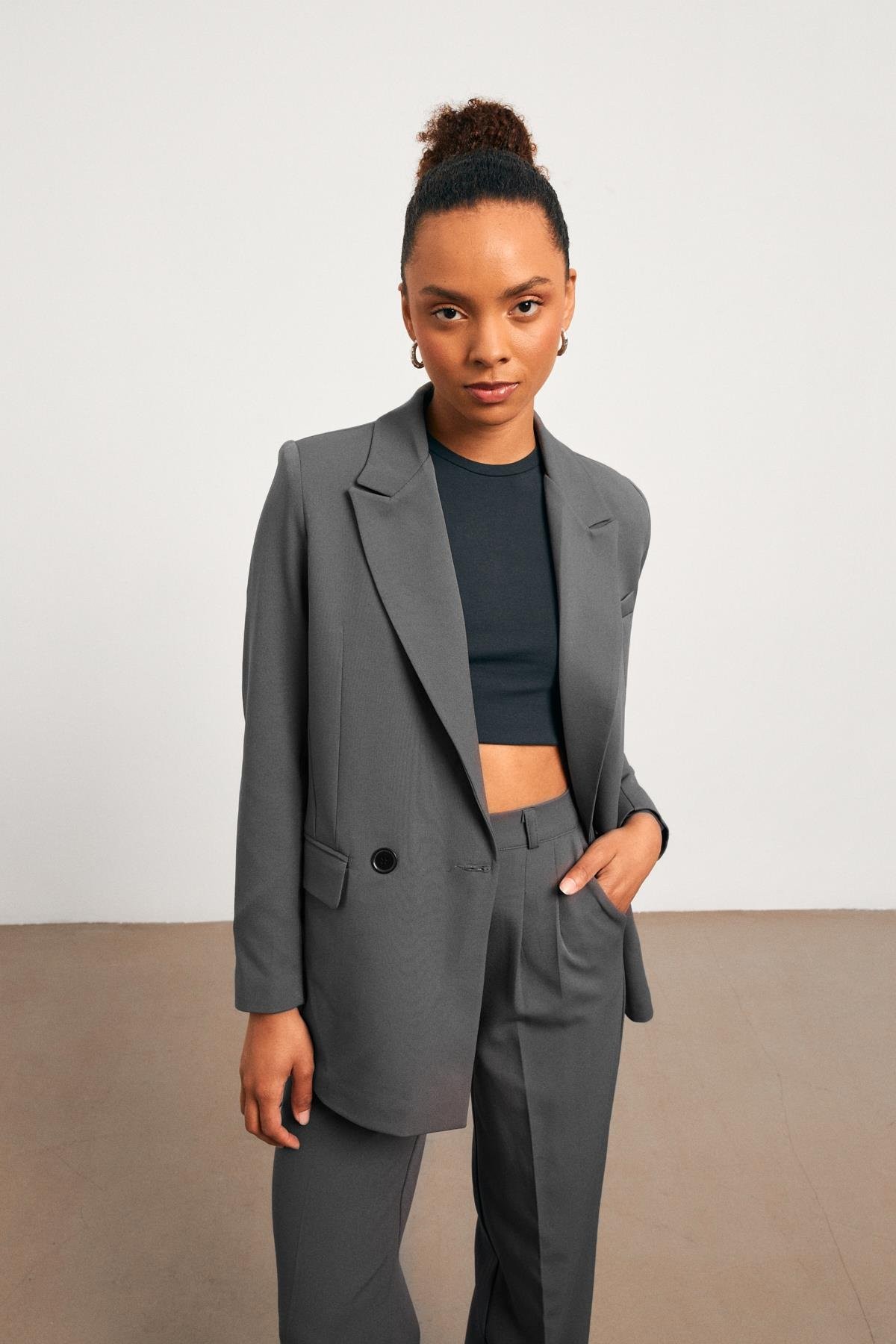 Loose Fit Feminen Antrasit Kadın Blazer Ceket
