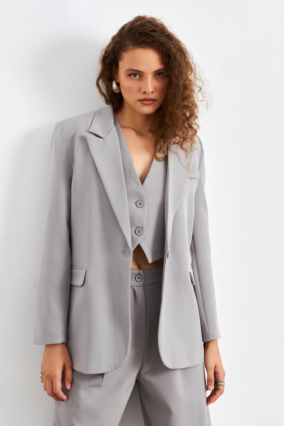 Oversize Gri Kadın Blazer Ceket
