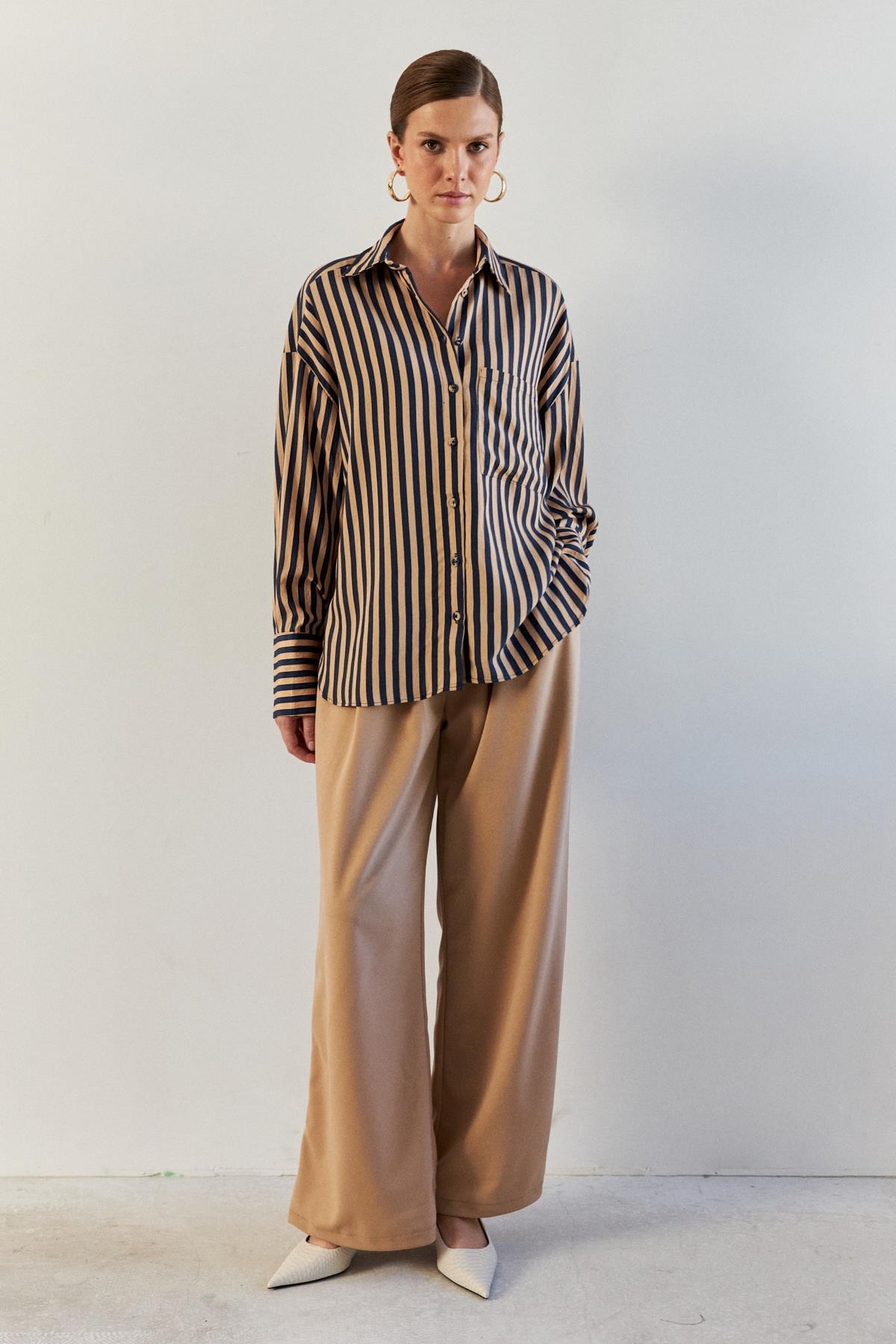 Oversize Lacivert Camel Çizgili Kadın Gömlek