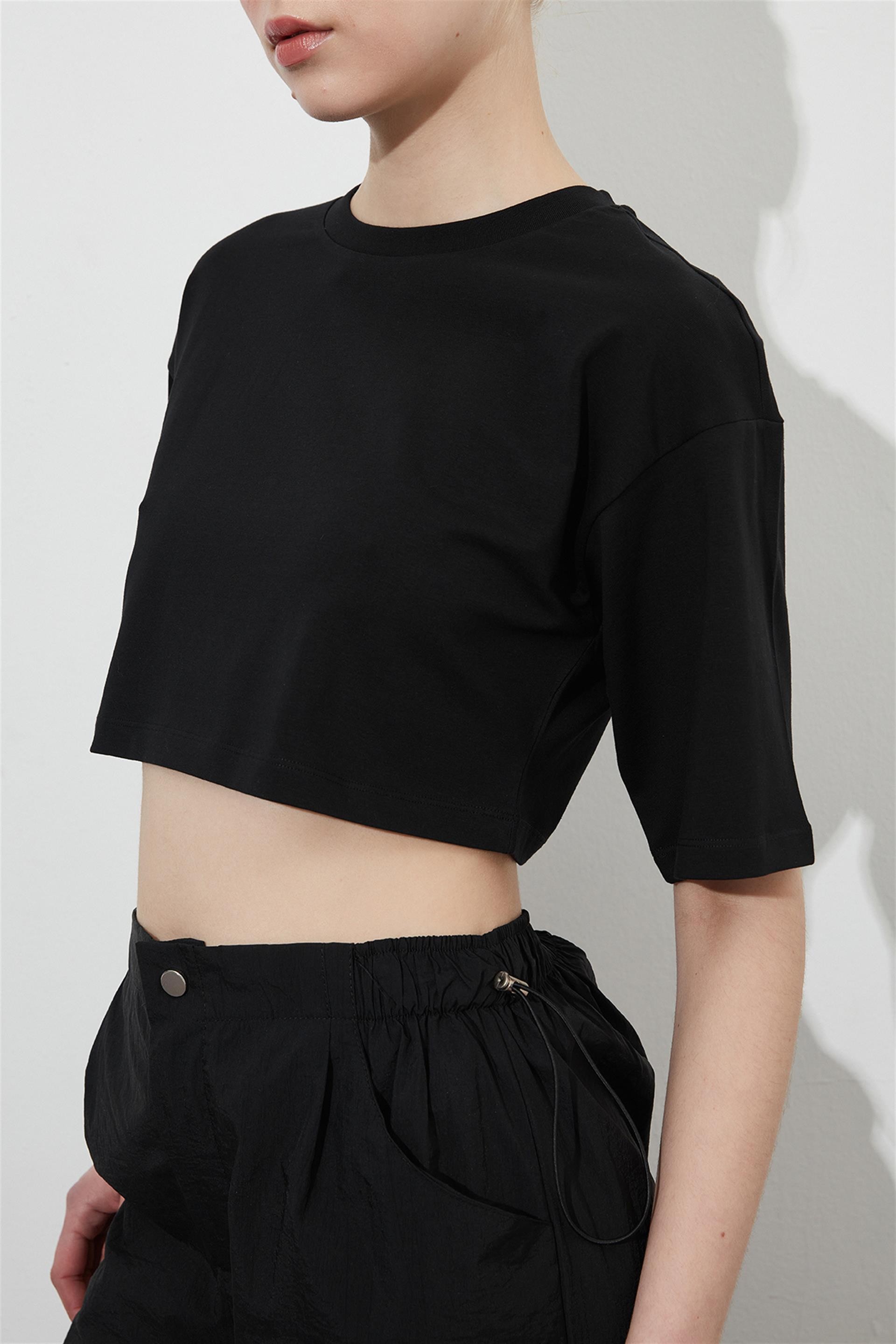 Siyah Crop Kısa Kol T-shirt
