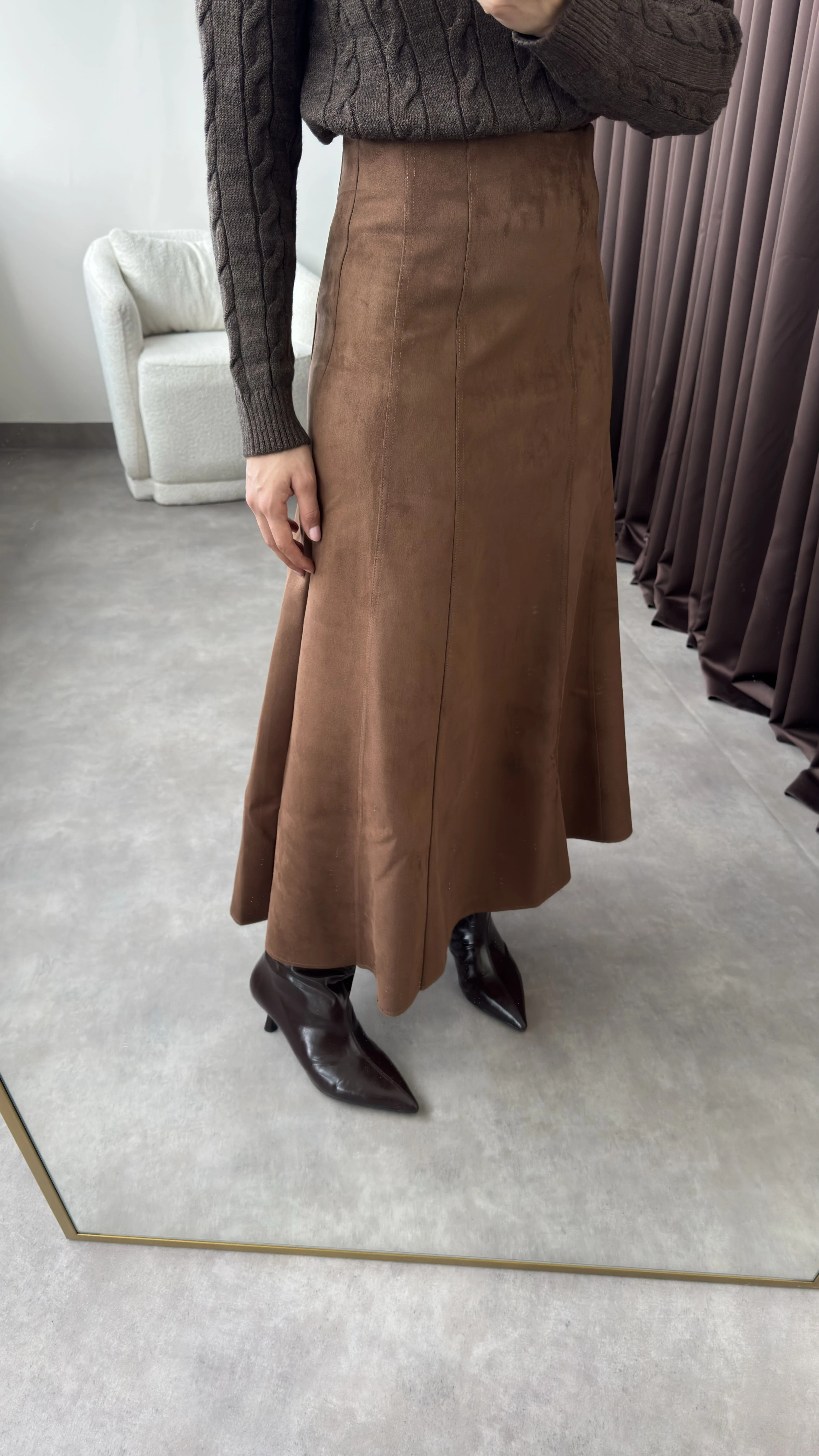 Kadın Kahve Uzun Kloş Süet Etek