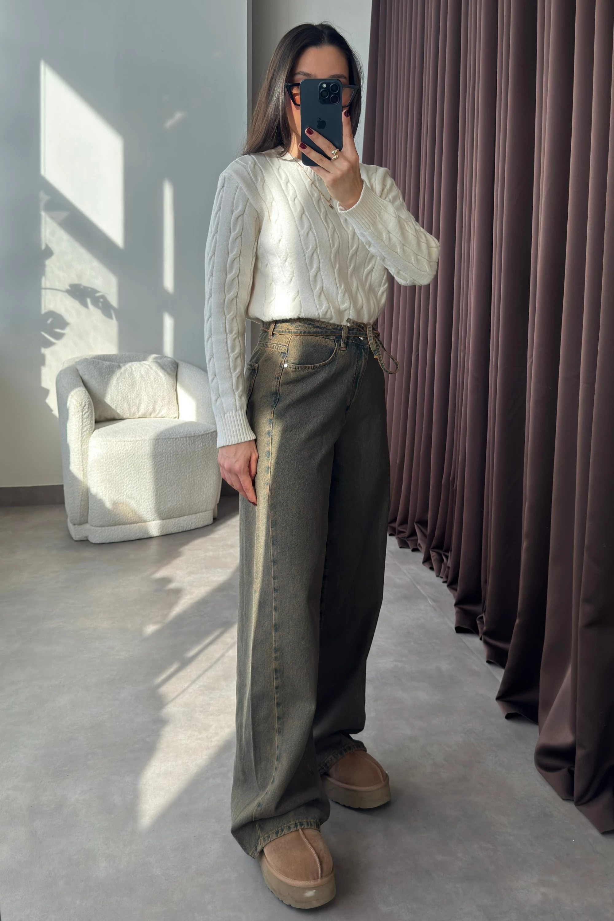 Yüksek Bel Beli Kordonlu Yeşil Wide Leg Kadın Jean