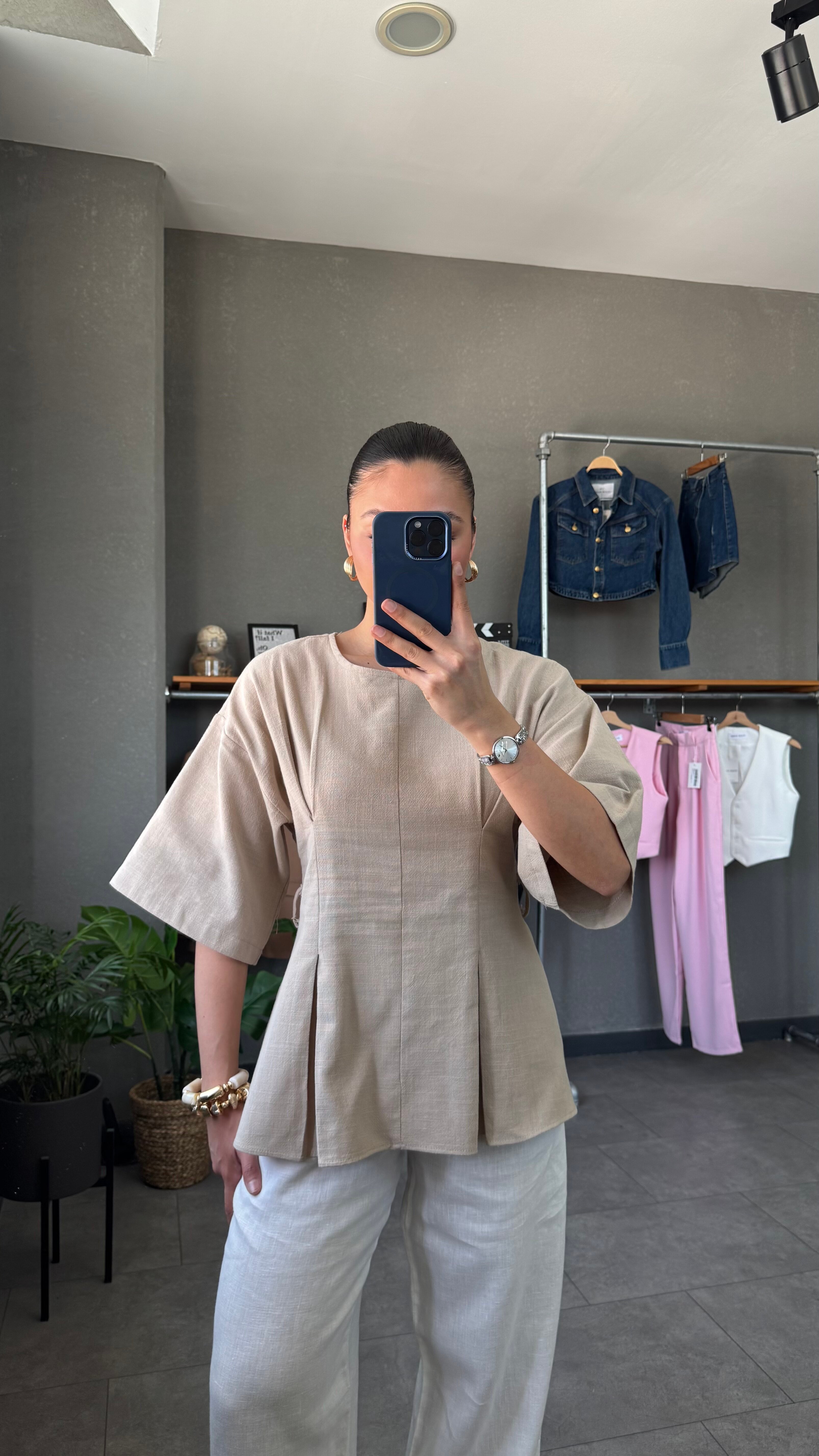 Oversize Beli Kuşaklı Bej Keten Bluz