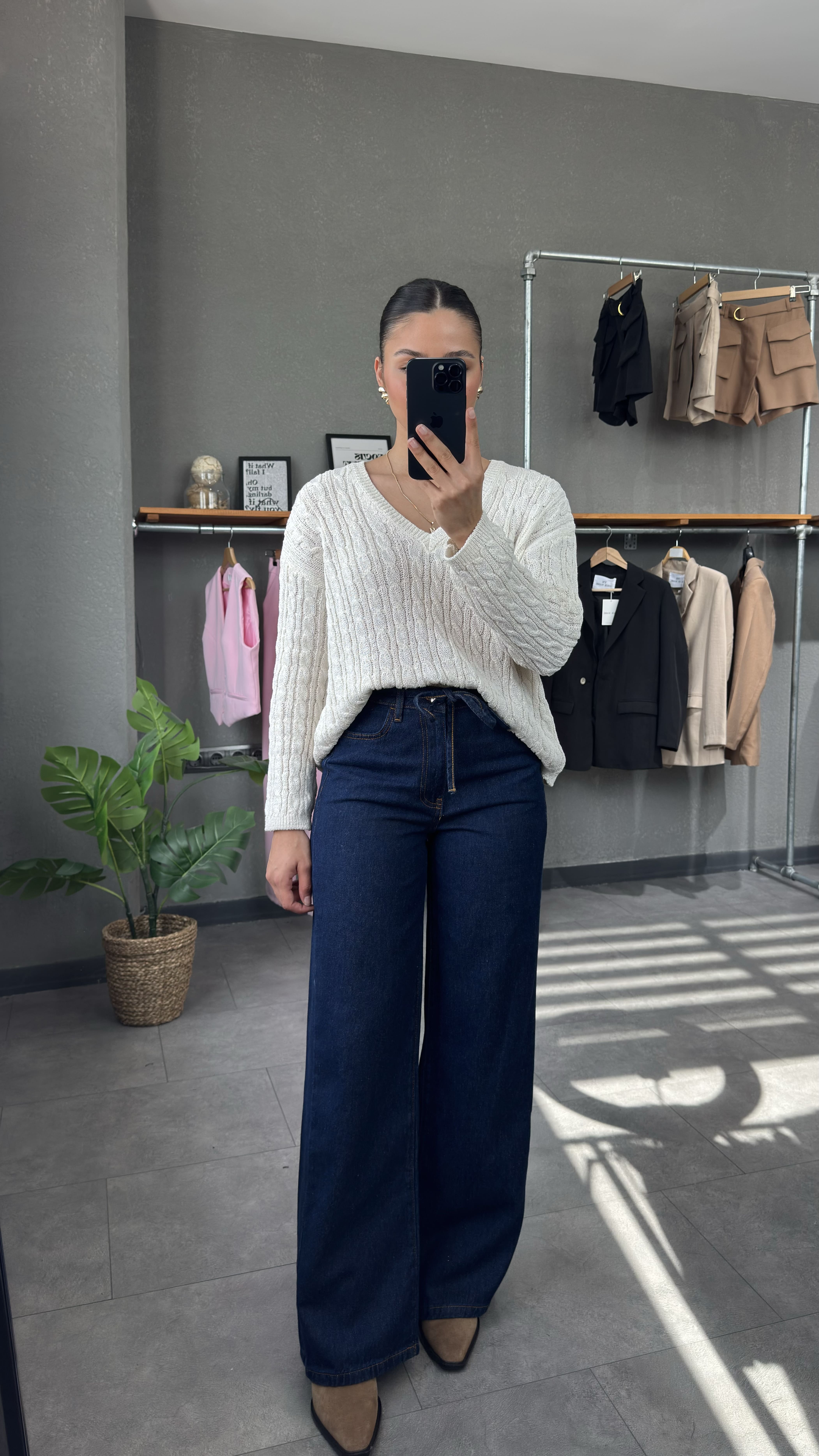 Yüksek Bel Beli Kordonlu Lacivert Wide Leg Kadın Jean