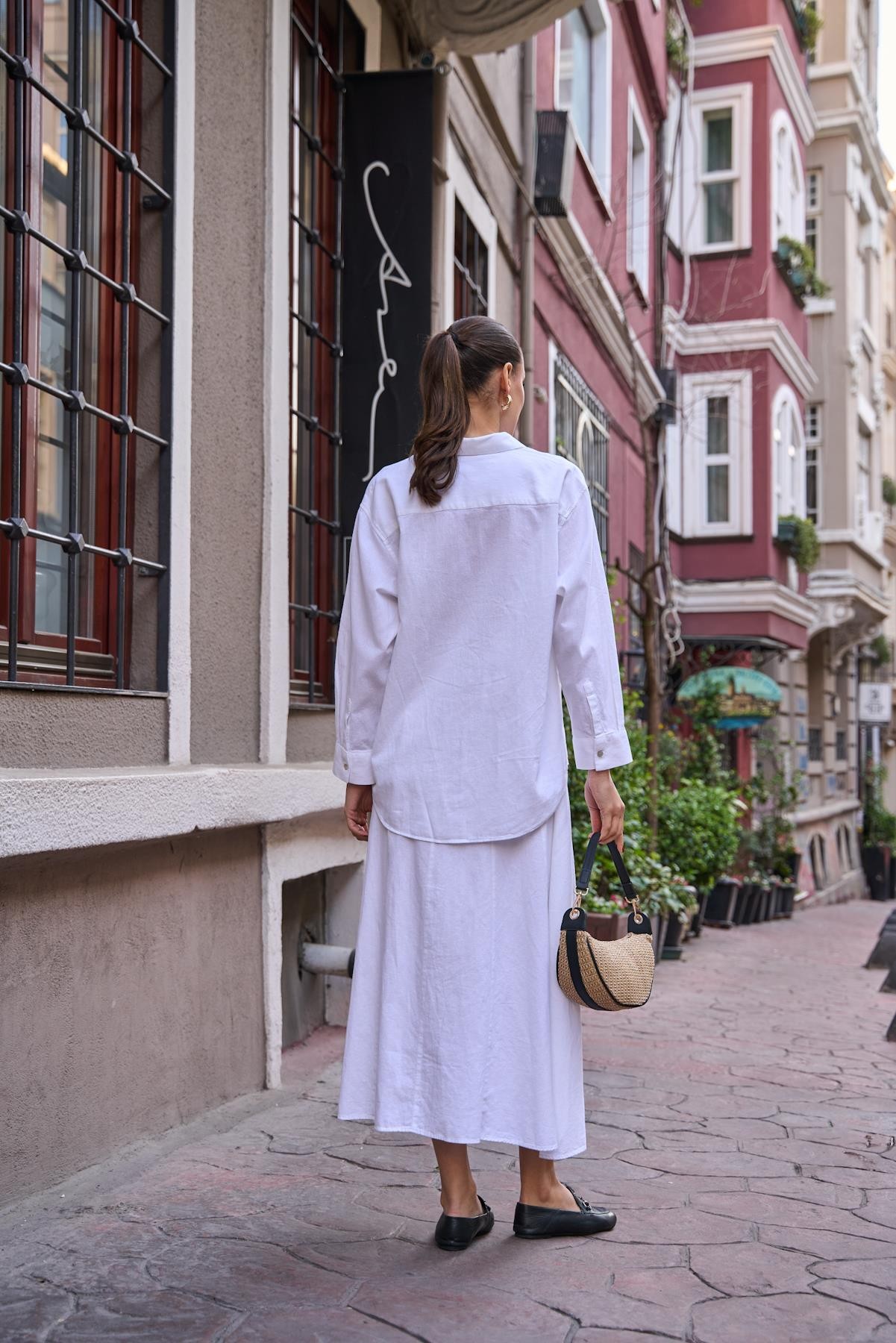 Keten Oversize Kadın Beyaz Gömlek