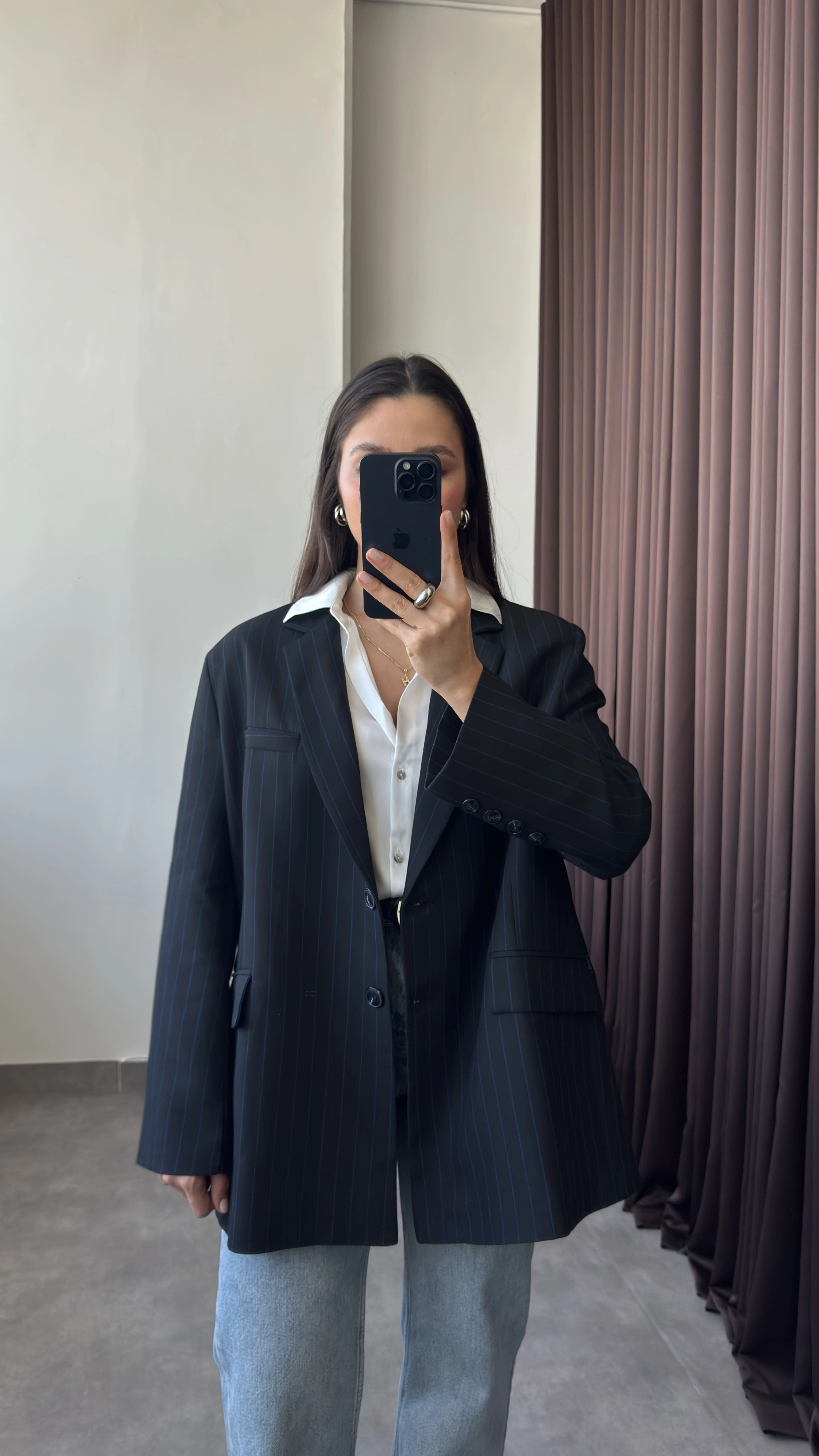 Mavi Çizgili Siyah Maskülen Kadın Blazer Ceket