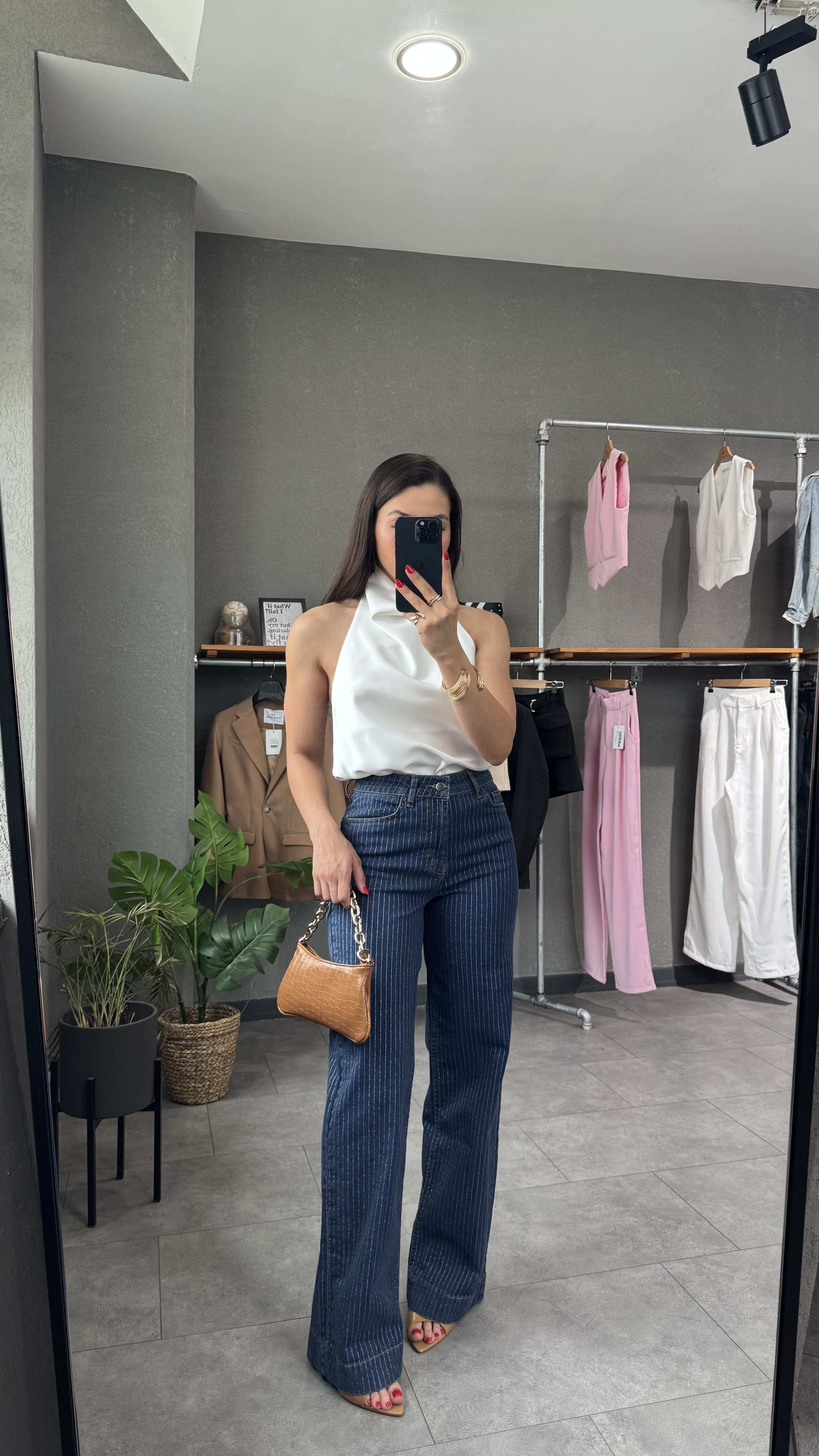 Yüksek Bel Simli Çizgi Detaylı Wide Leg Jean