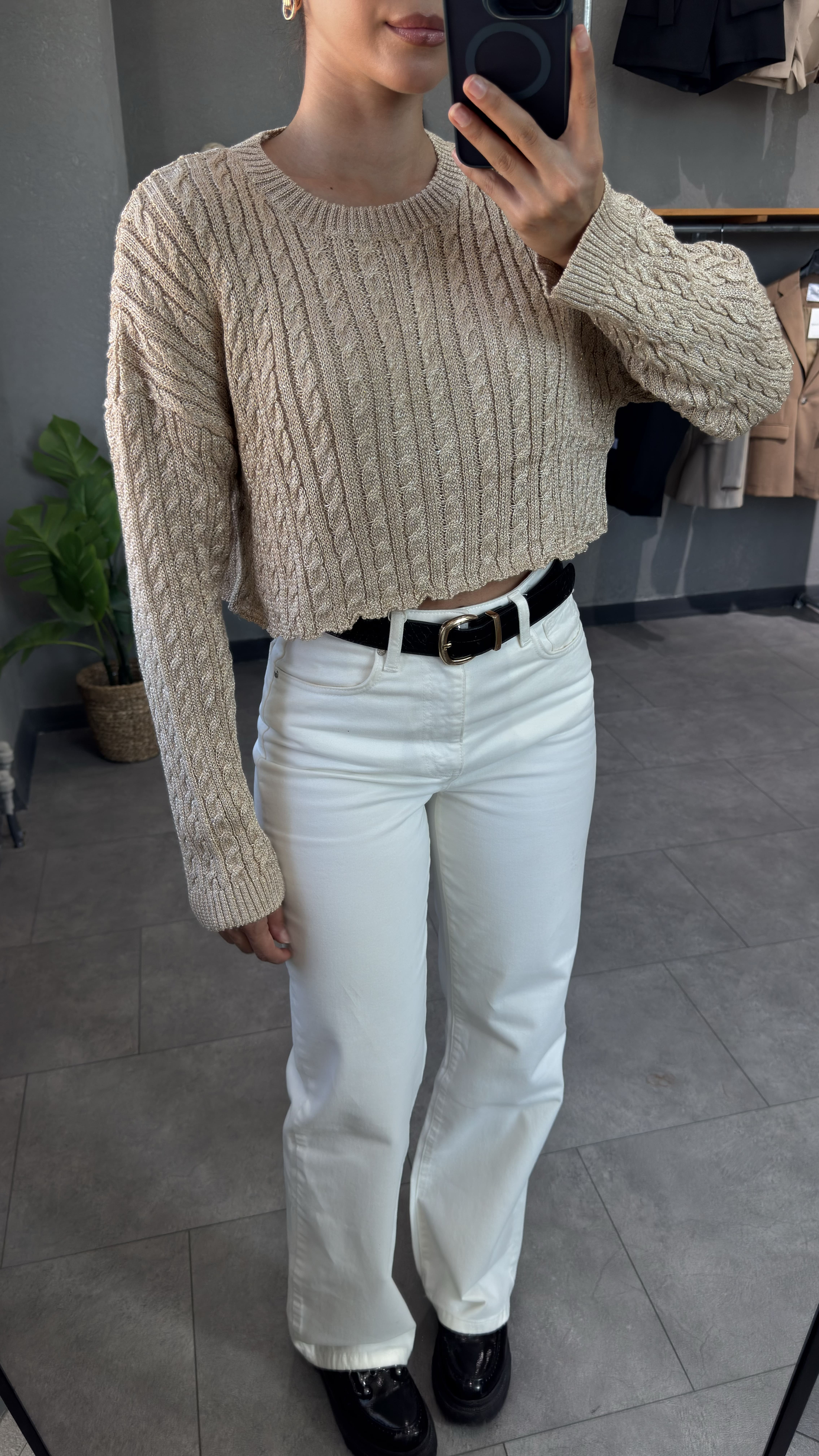 Bisiklet Yaka Saç Örgülü Simli Crop Bej Kadın Kazak