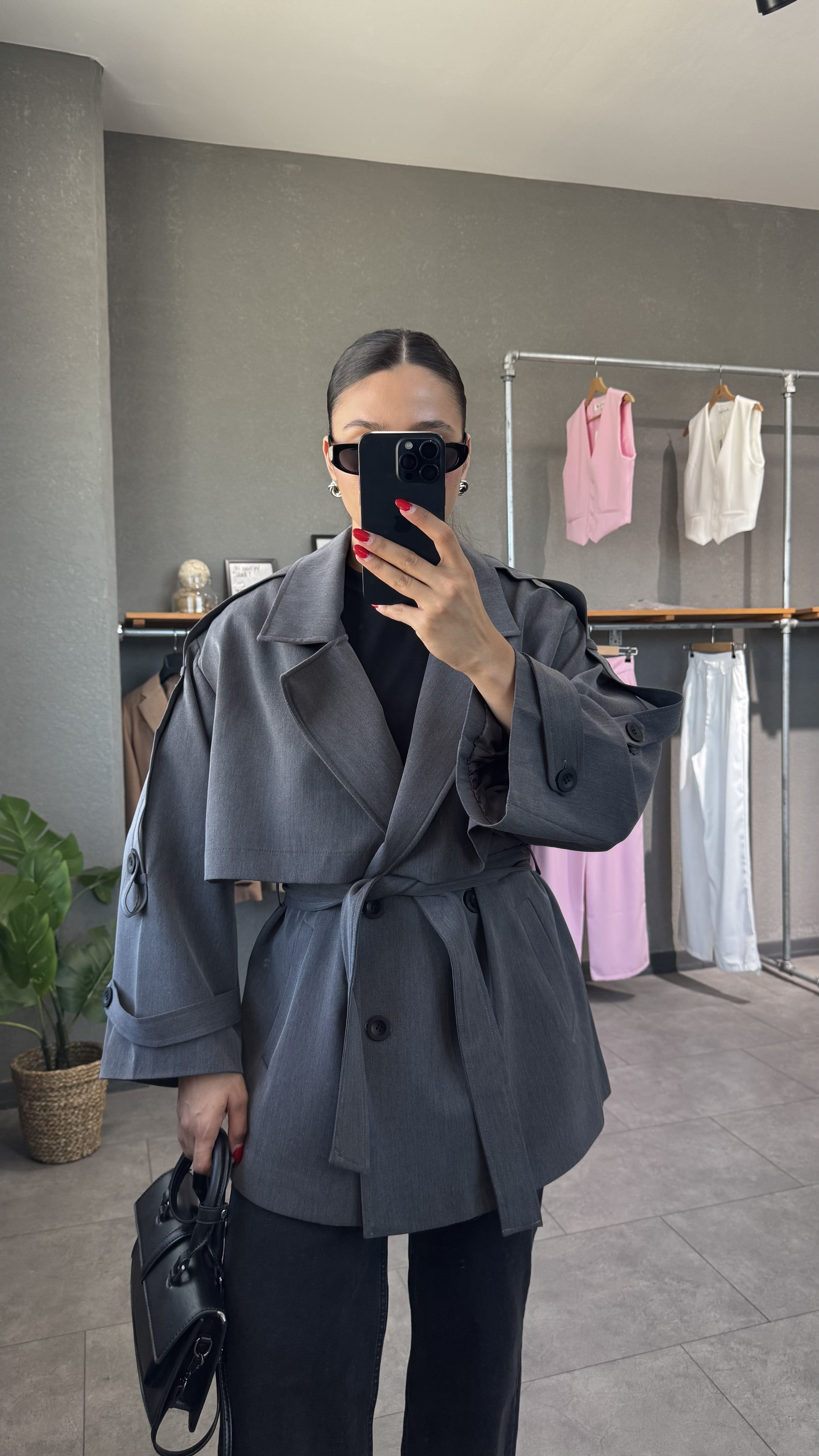 Oversize Kuşaklı Kısa Trençkot - Koyu Gri