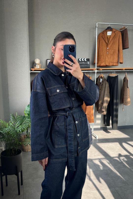 Cep Detaylı Kuşaklı Lacivert Denim ceket Jean Takım