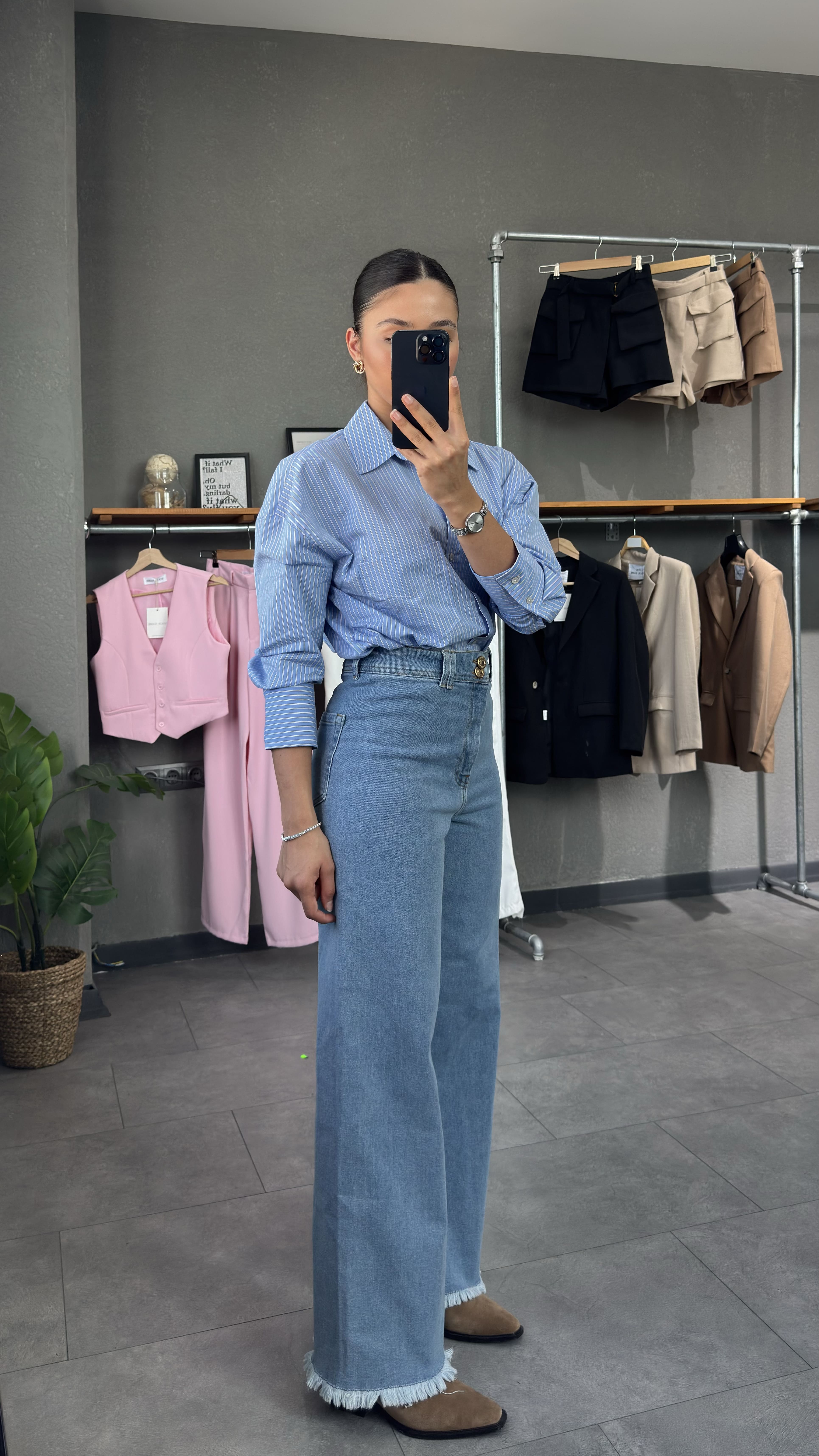 Yüksek Bel Pis Paça Mavi Kadın Wide Leg Jean