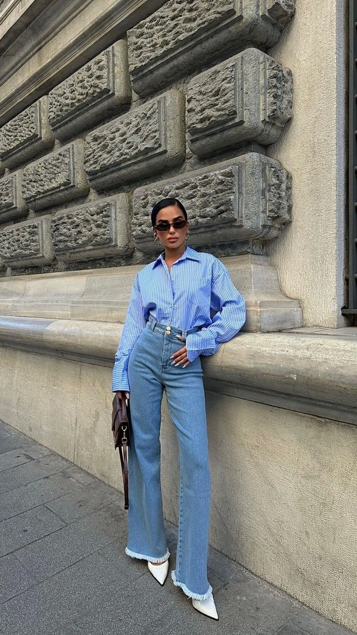 Yüksek Bel Pis Paça Mavi Kadın Wide Leg Jean