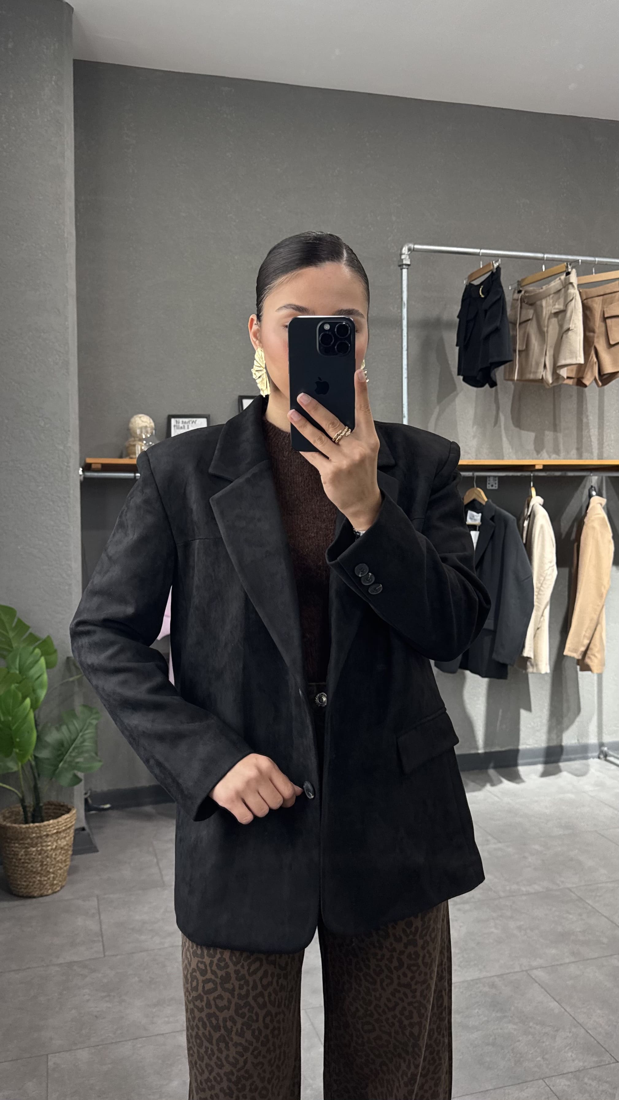 Vatkalı Oversize Süet Siyah Kadın Blazer Ceket