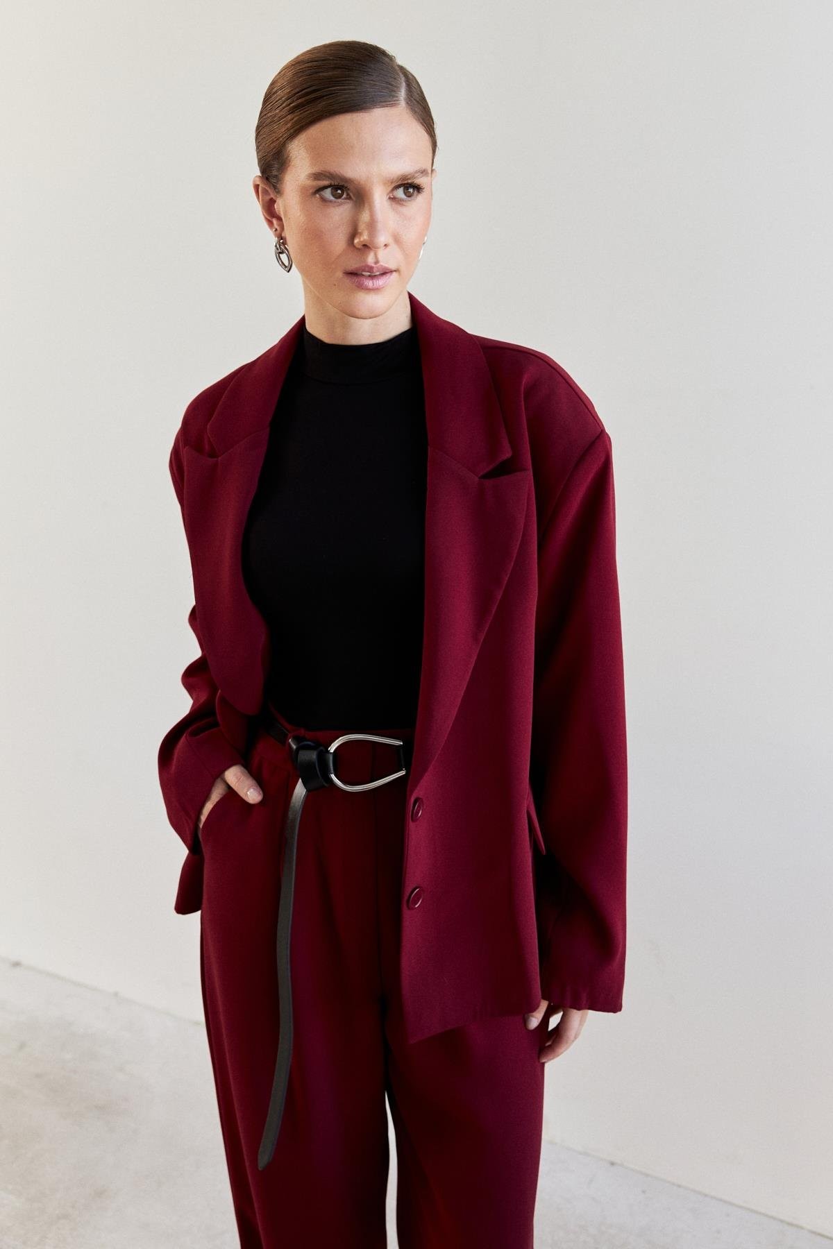 Oversize Vatkalı Bordo Kadın Blazer Ceket