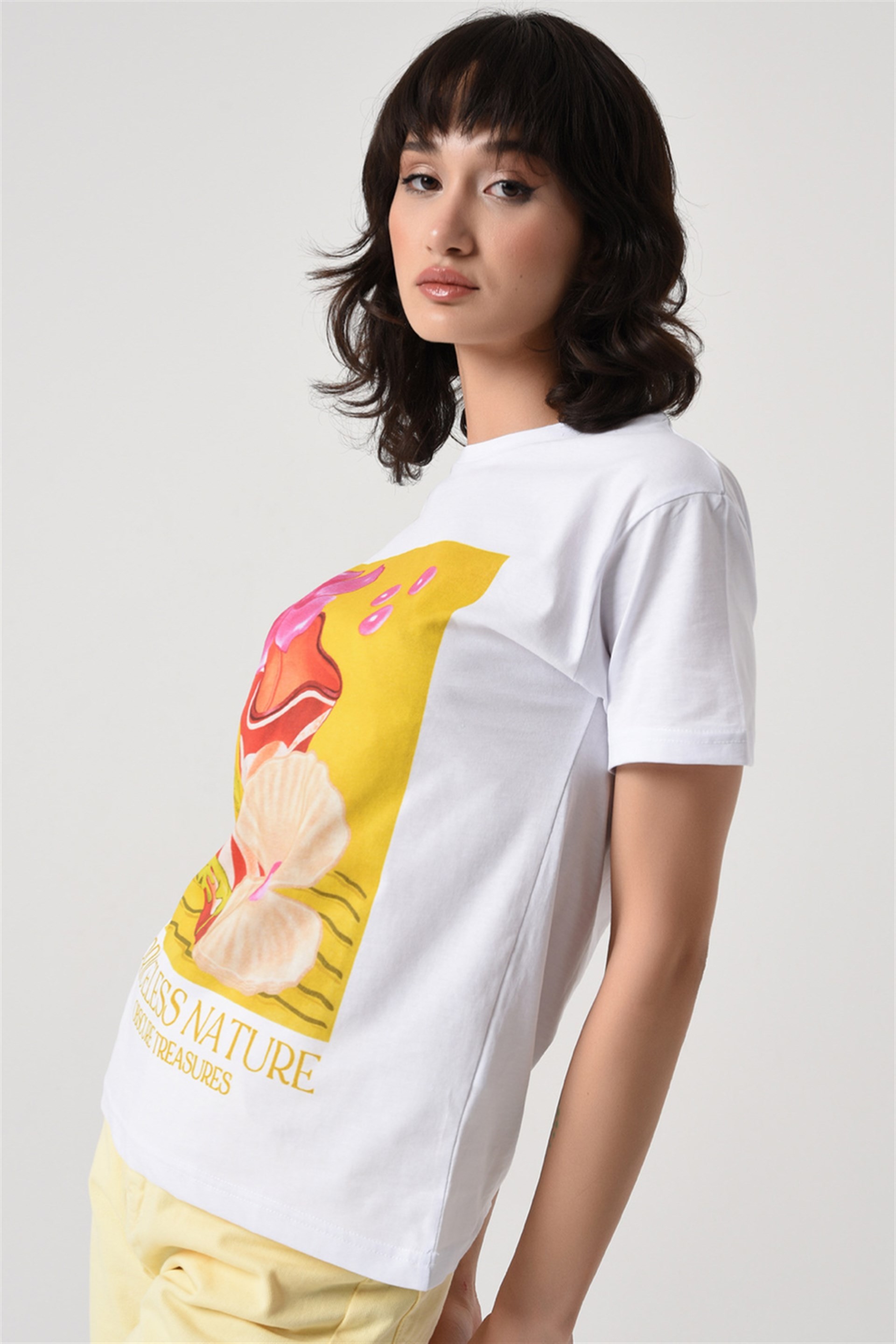 Baskılı Basic Örme T-shirt Beyaz