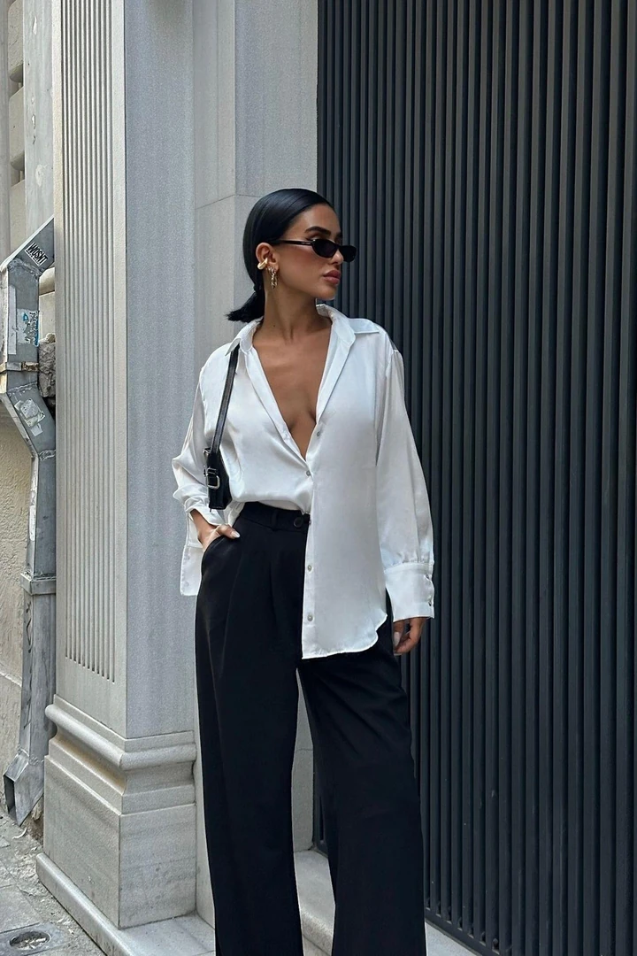 Basic Ekru Kadın Saten Gömlek