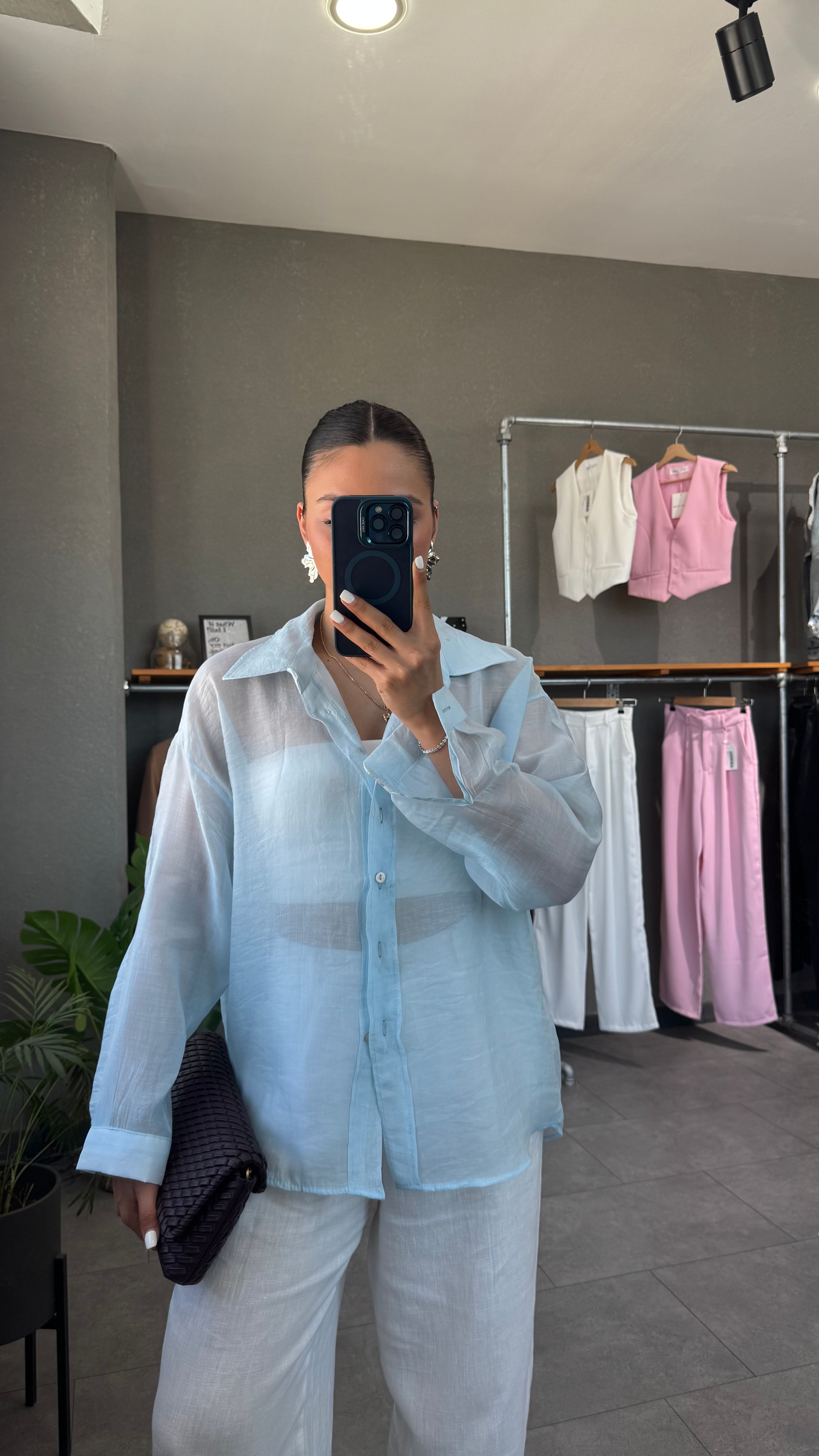 Oversize İpeksi Transparan Gömlek - Mavi
