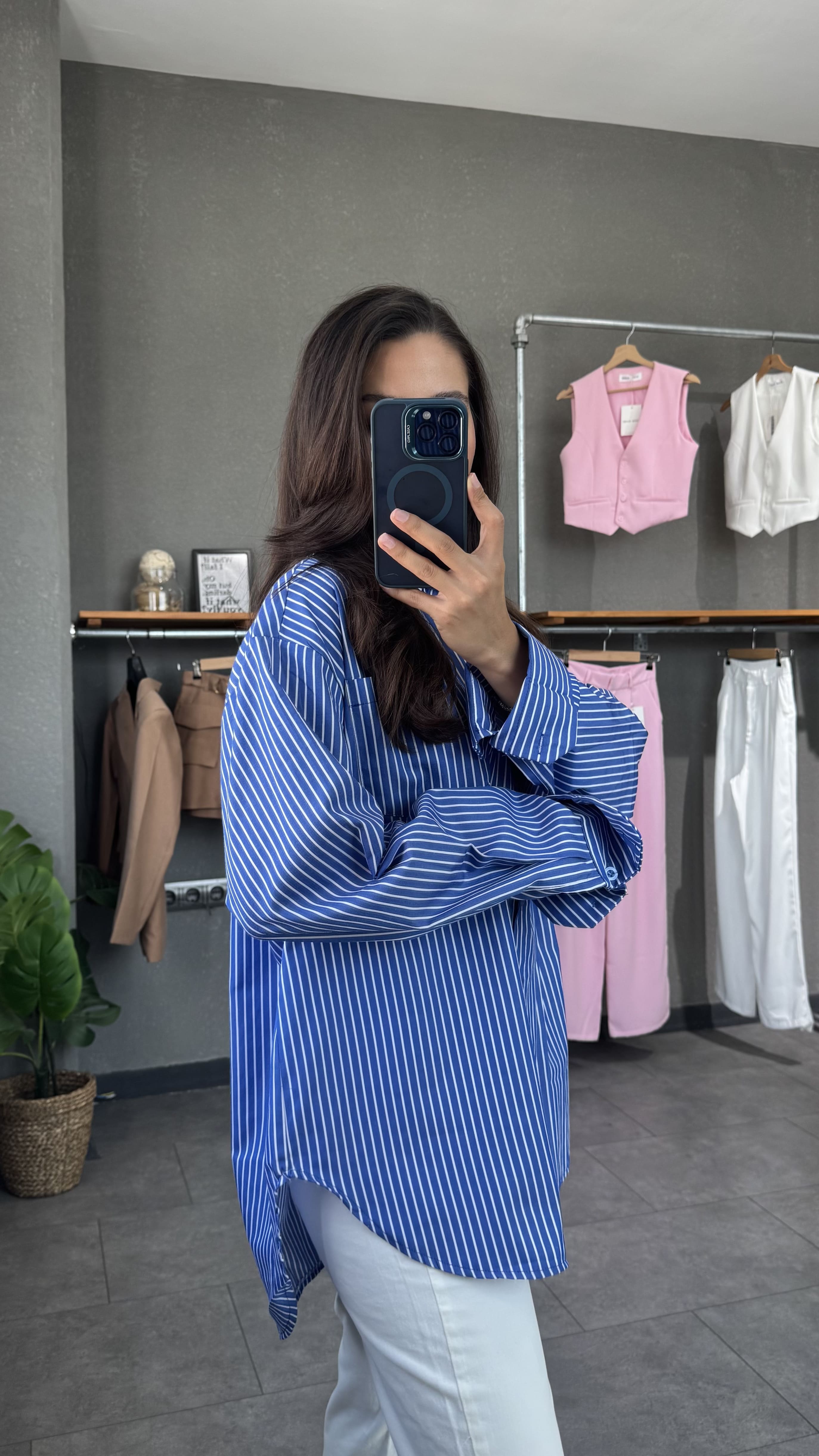 Poplin Oversize Çizgili Koyu Mavi Kadın Gömlek