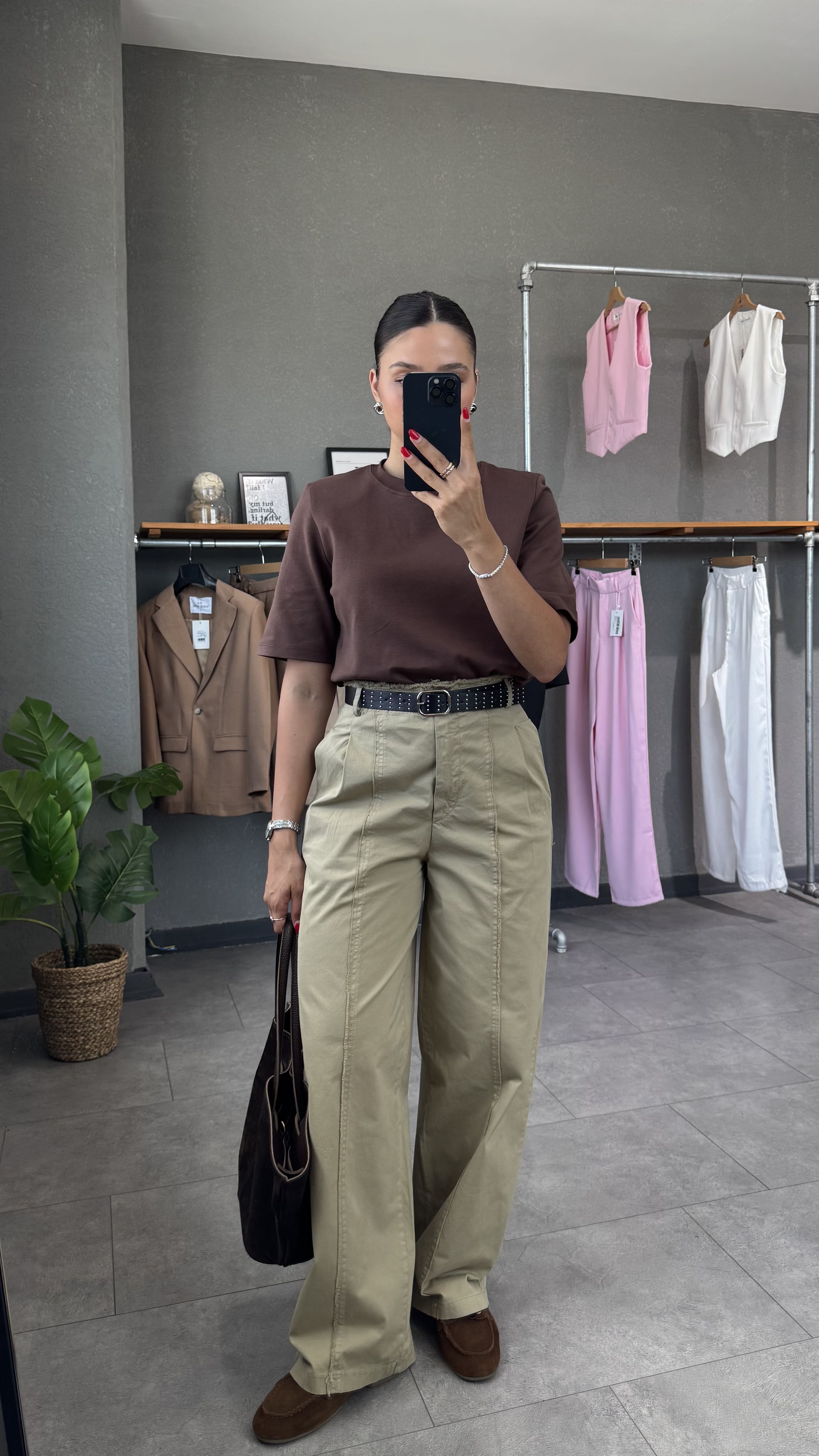 Kemerli Yüksek Bel Straight Pantolon - Yeşil