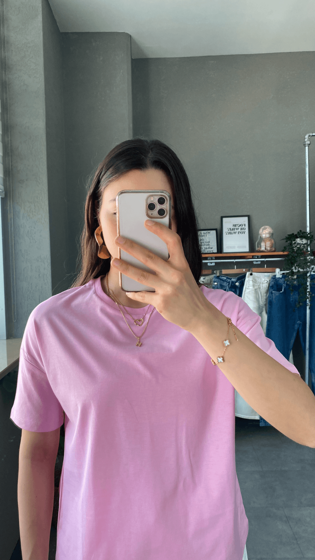 Oversize Bisiklet Yaka Pembe Kadın T-shirt