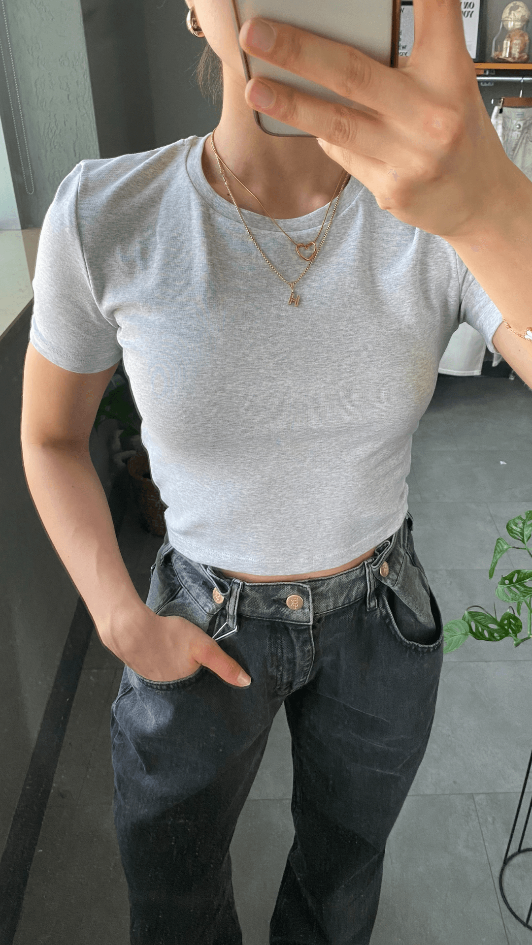 Bisiklet Yaka Gri Kadın Crop T-shirt
