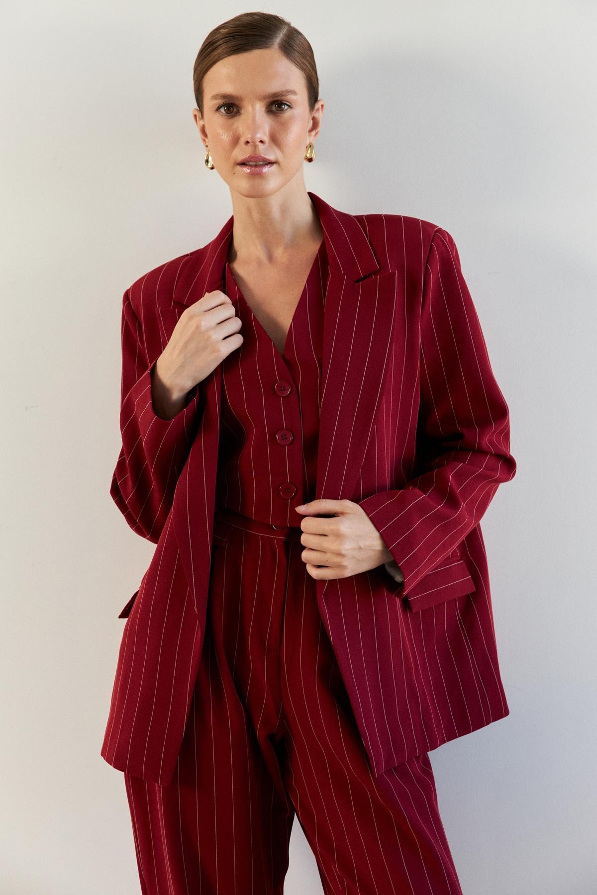 Oversize Çizgili Bordo Kadın Blazer Ceket