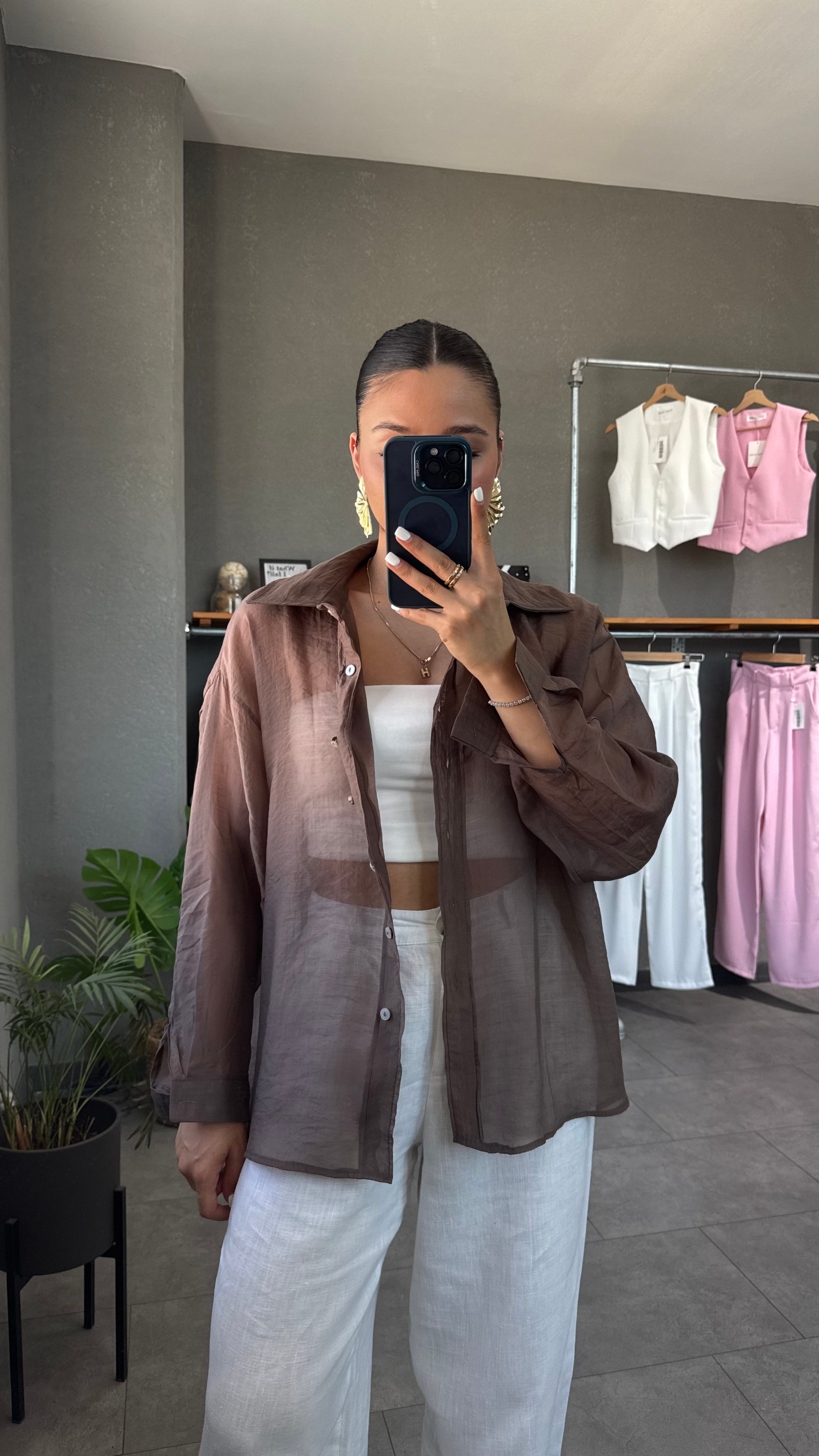 Oversize İpeksi Transparan Gömlek - Kahve