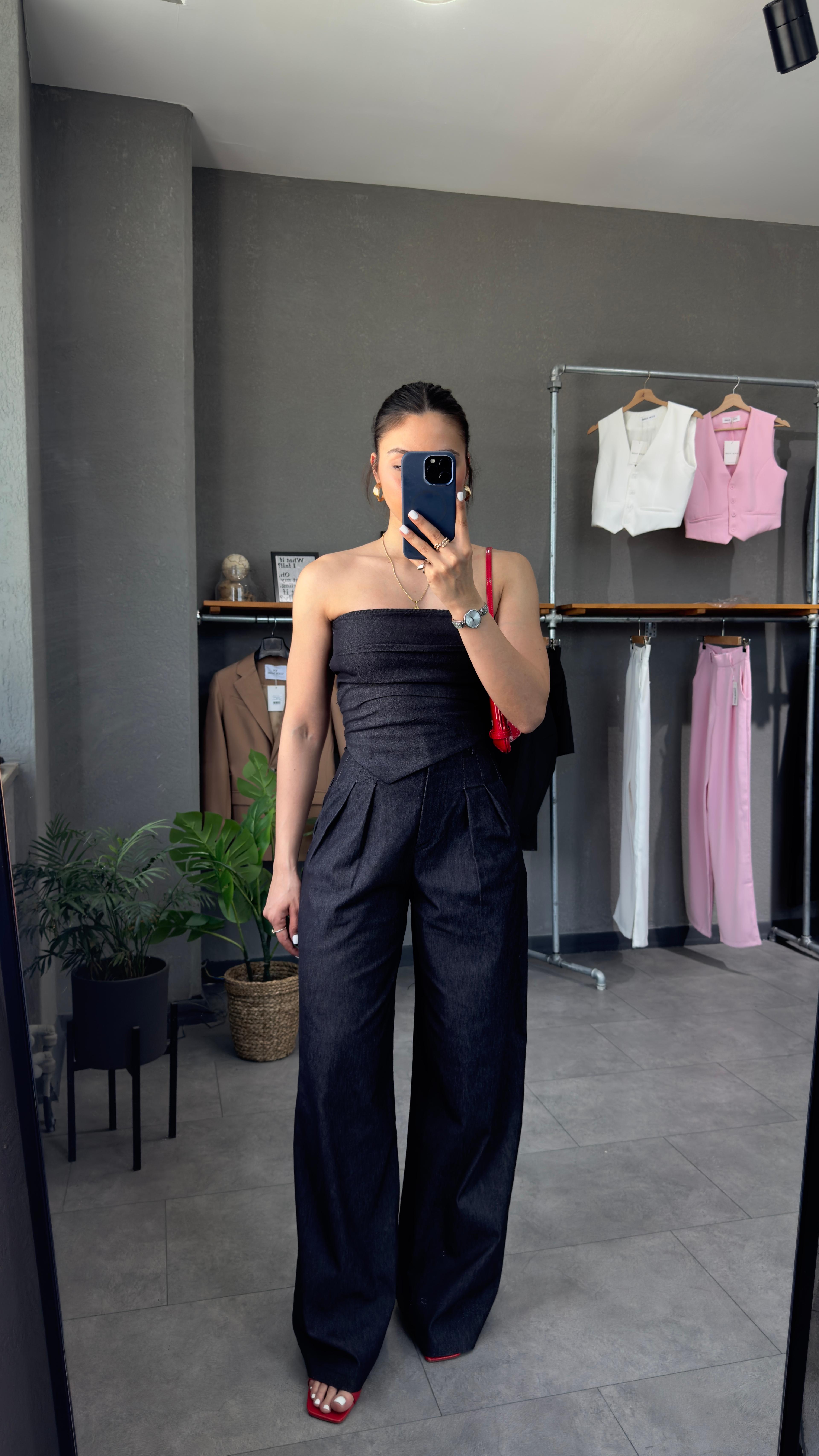 Straplez Denim Görünümlü Büstiyer Lacivert Renk Pantolon Takım