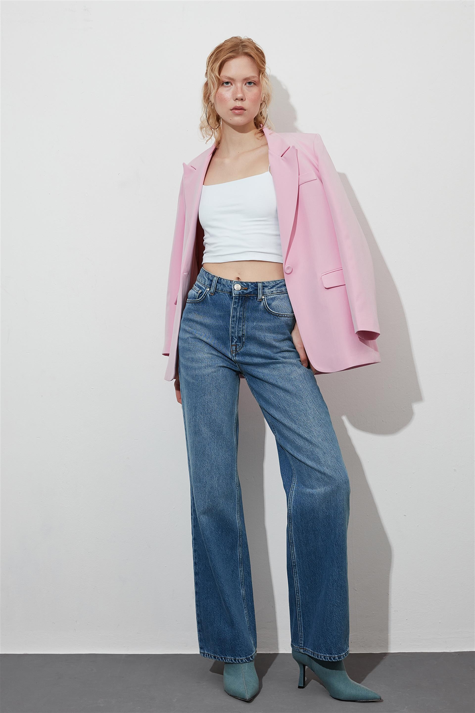 Oversize Vatkalı Pembe Blazer Ceket