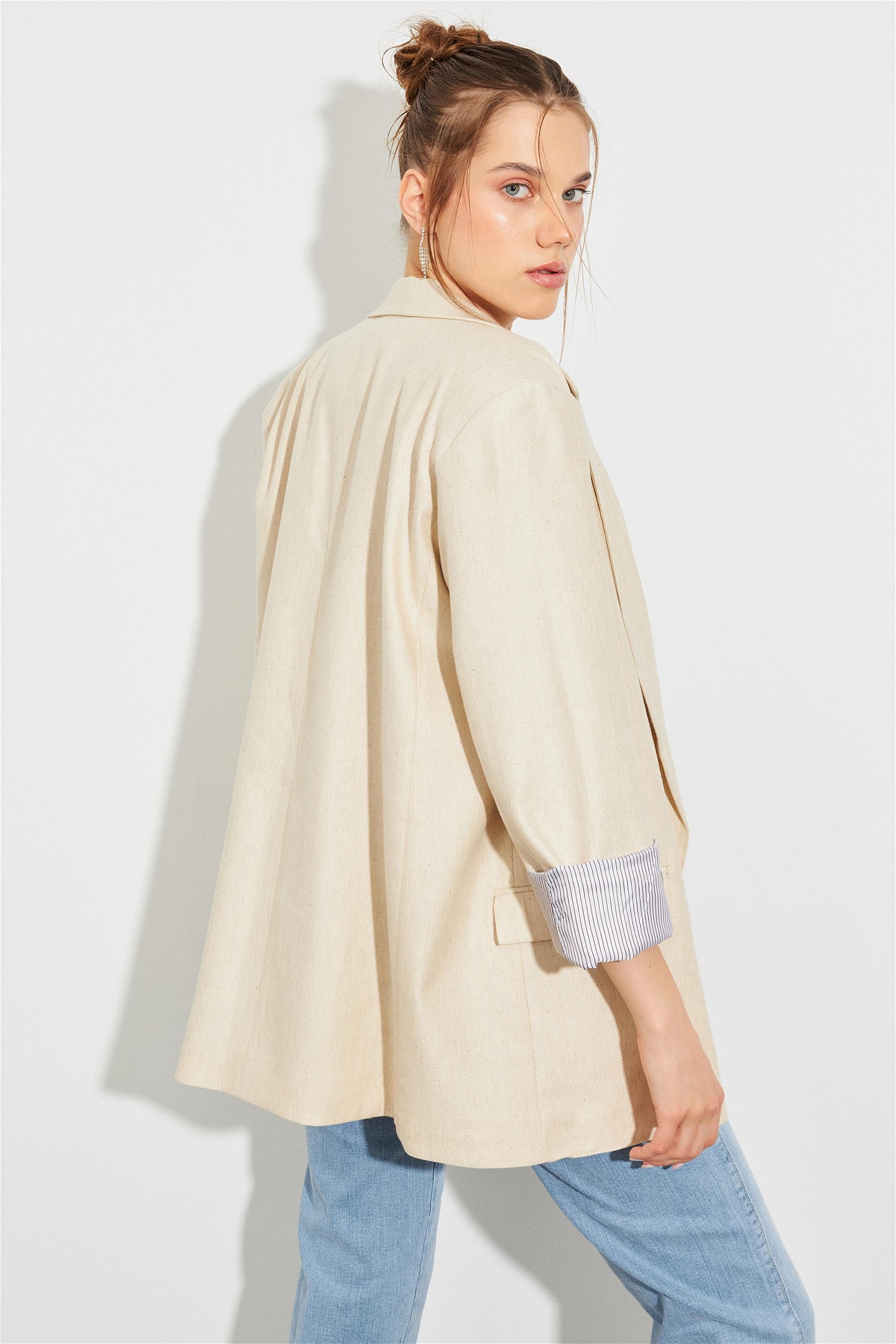 Keten Karışımlı İç Astarı Desenli Straight Fit Blazer Ceket