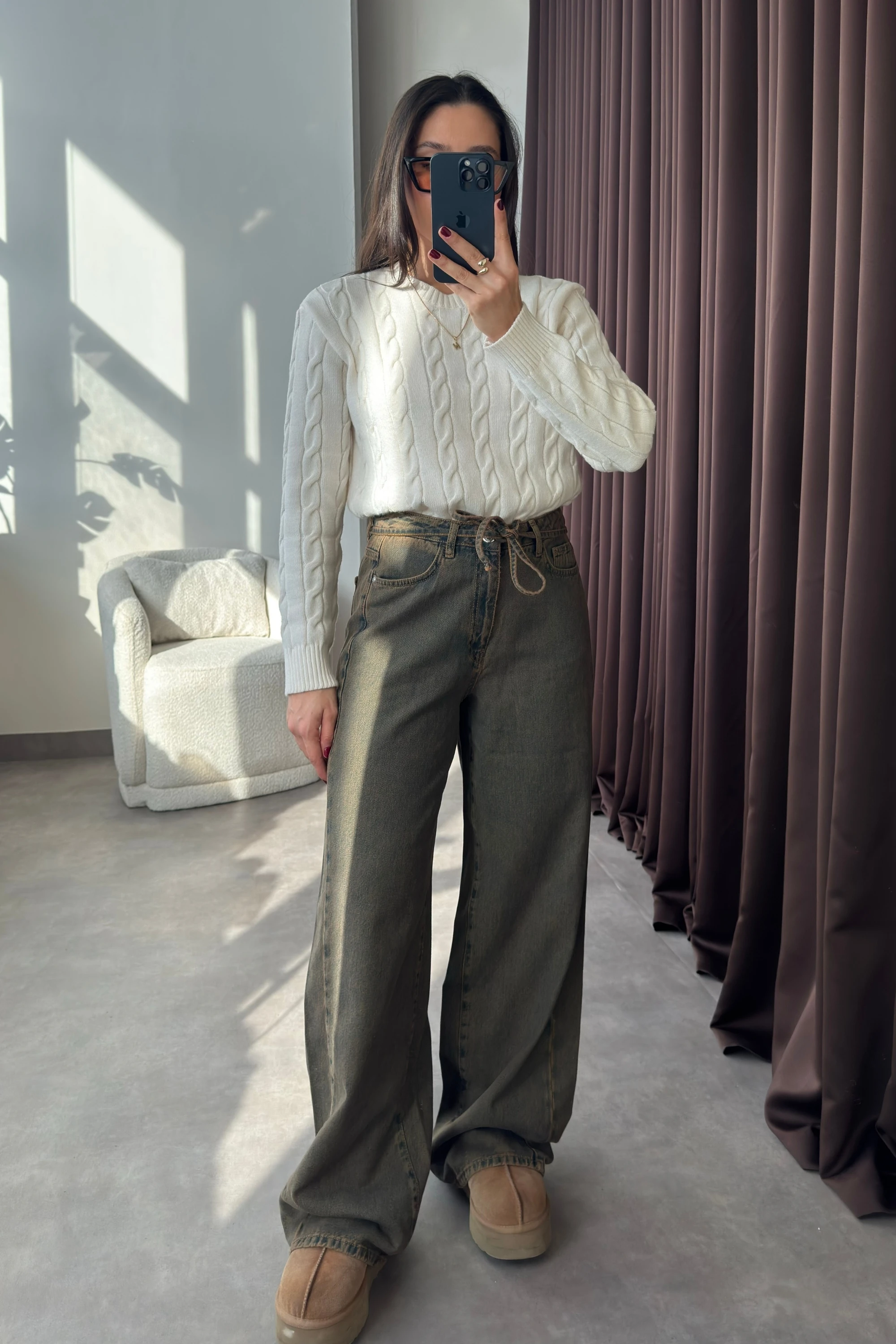 Yüksek Bel Beli Kordonlu Yeşil Wide Leg Kadın Jean